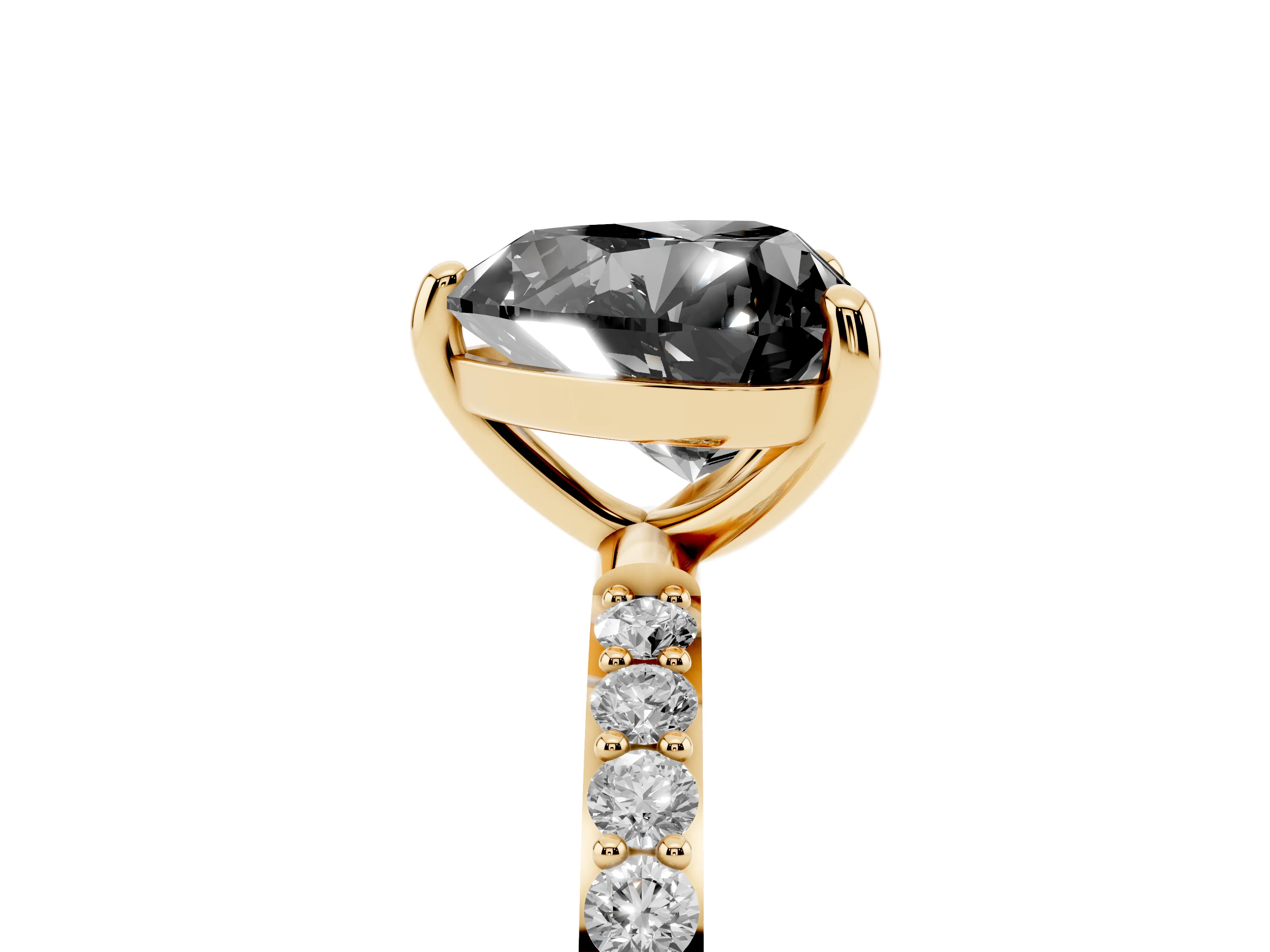 Fancy Black Heart Cut Diamond Solitaire Ring Set in Yellow gold with Round Pavé Band and Prong Setting