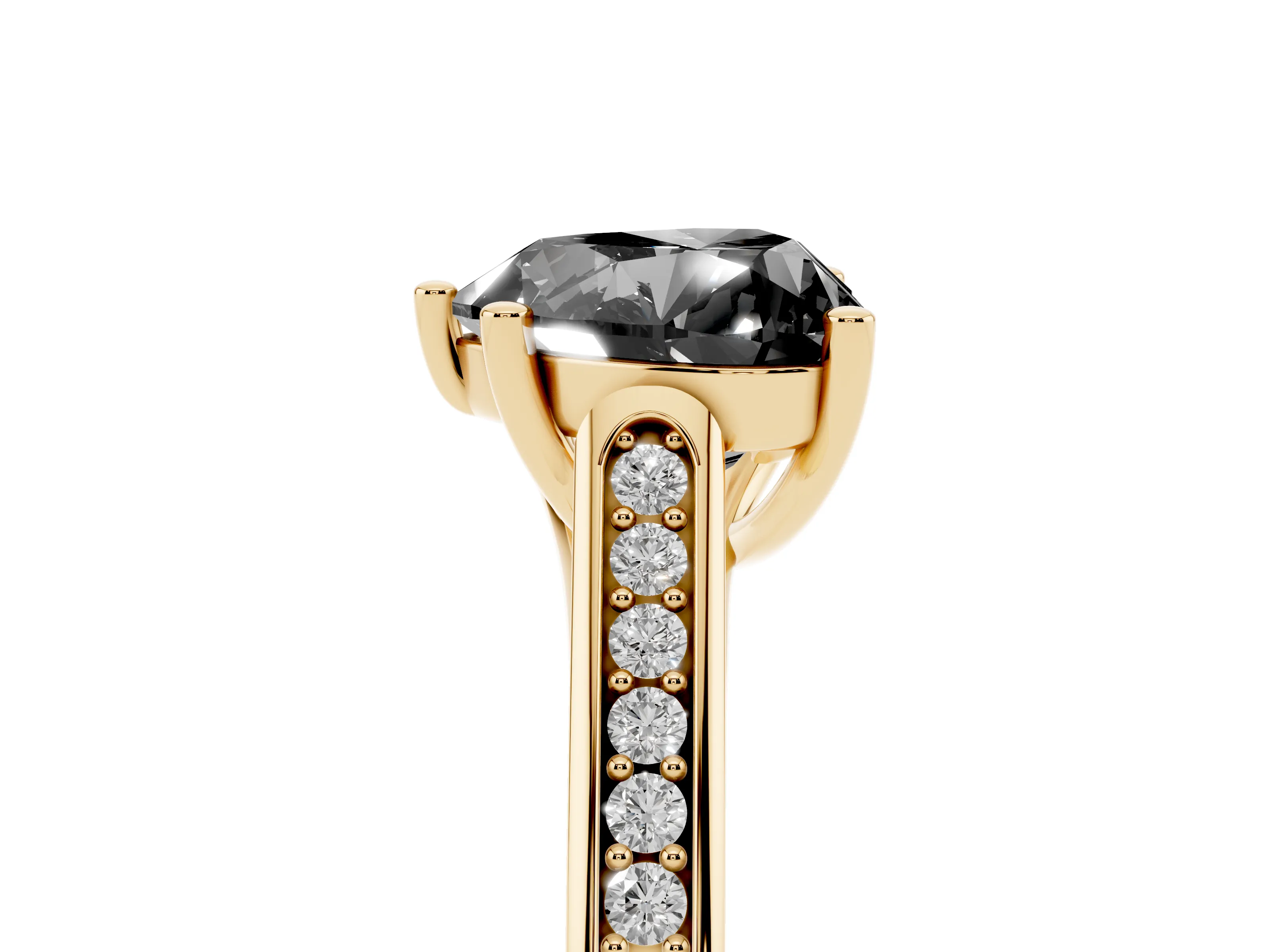 Fancy Black Heart Cut Diamond Solitaire Cathedral Engagement Ring Set in Yellow gold with Channel-Set Band and Prong Setting