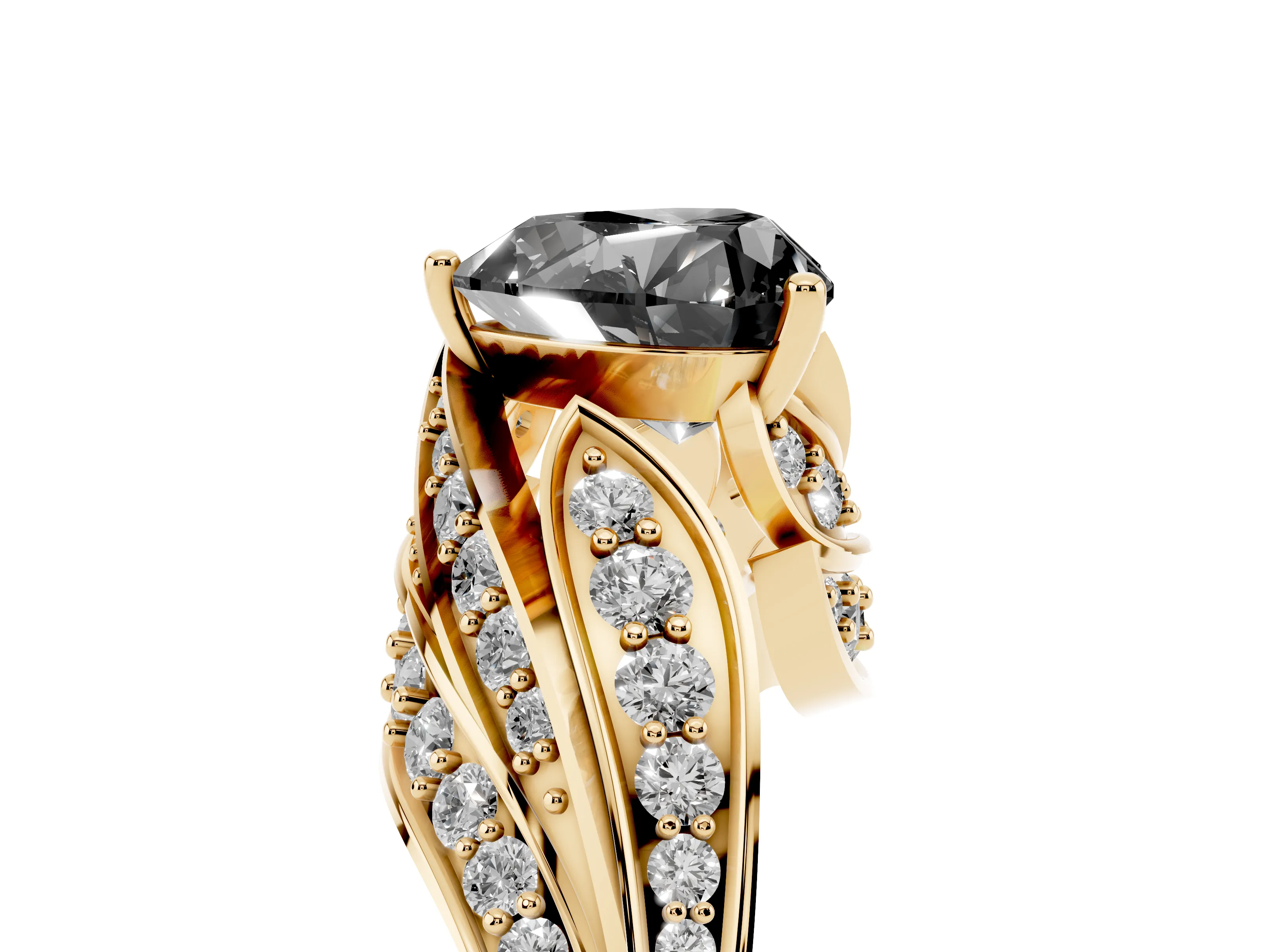 Fancy Black Heart Cut Diamond Solitaire Ring Set in Yellow gold with Layered Twist Pavé Band