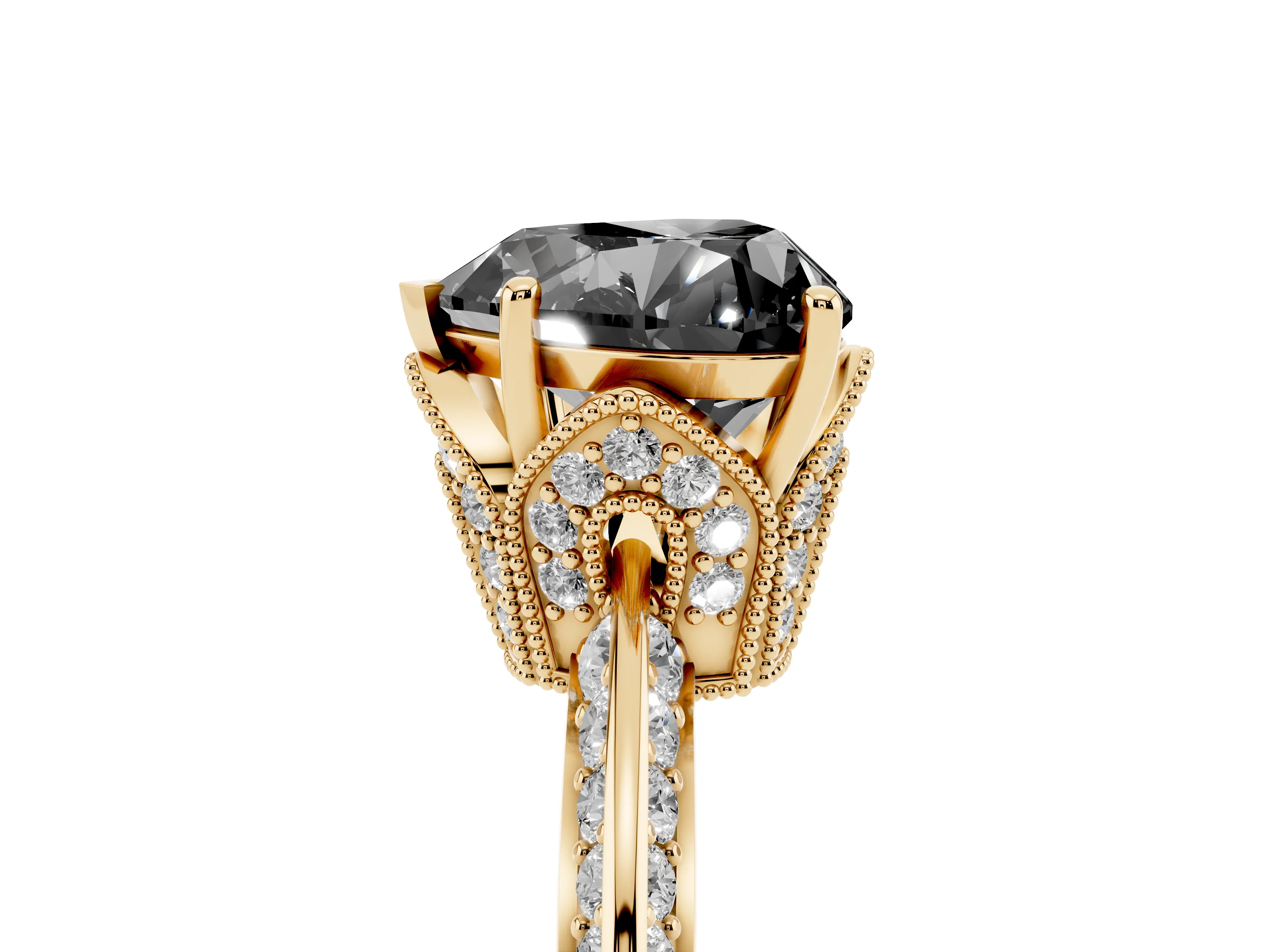 Fancy Black Heart Cut Diamond Solitaire Engagement Ring Set in Yellow gold with Pavé Split Shank and Prong Setting