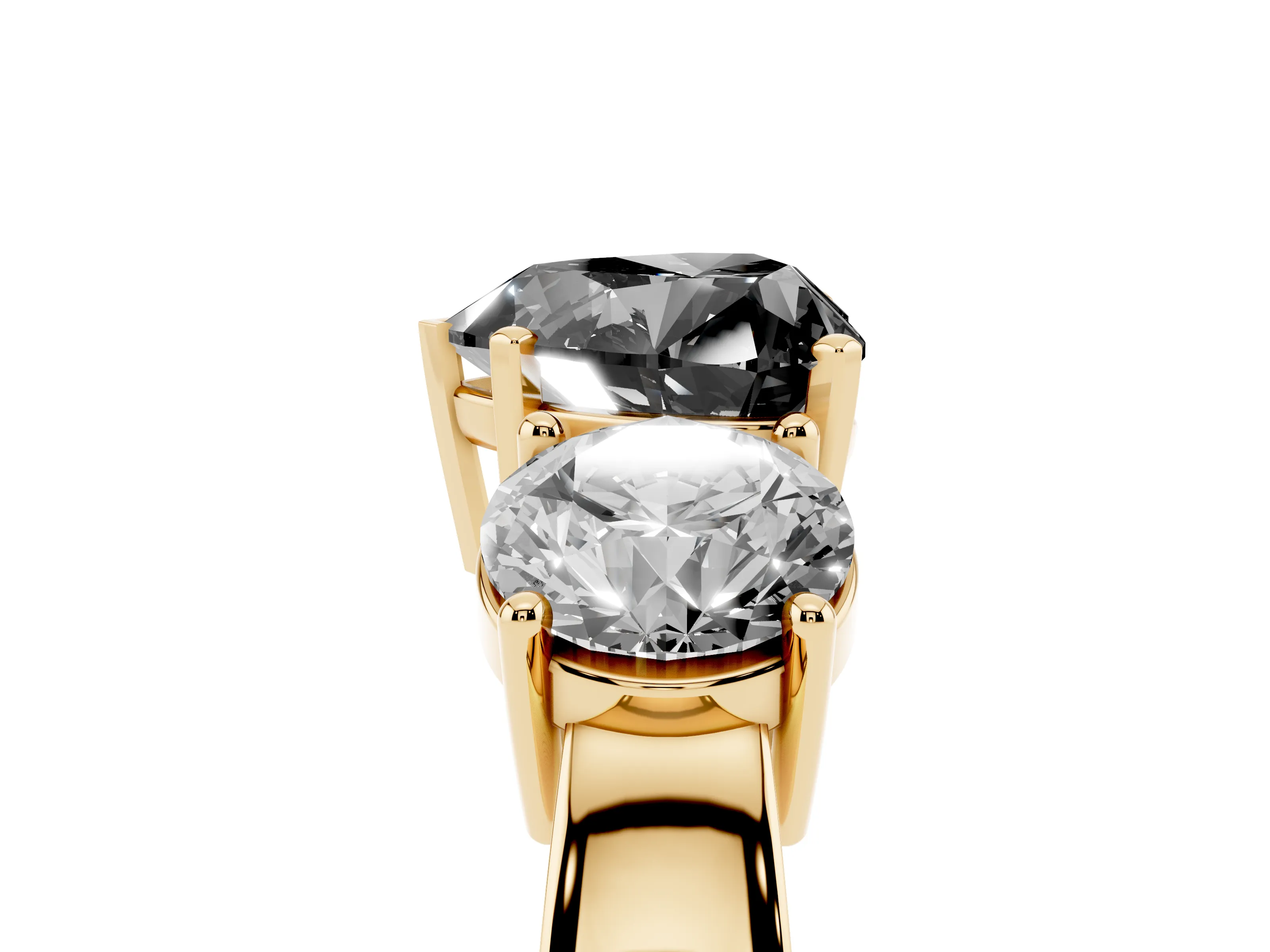 Fancy Black Heart Cut Diamond Three-Stone Ring Set in Yellow gold with Round Side Stones and Classic Band