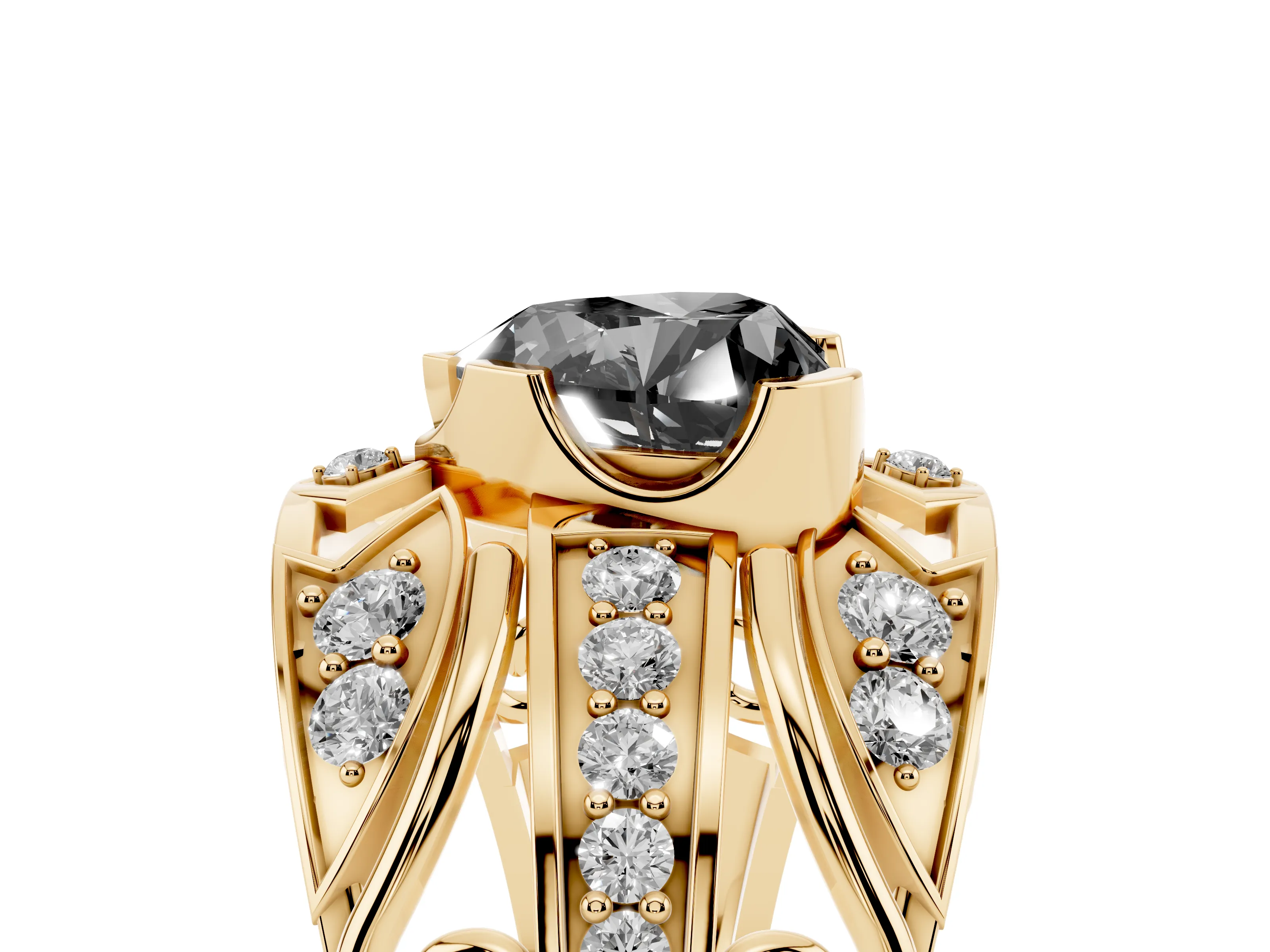 Fancy Black Heart Cut Diamond Art Deco Ring Set in Yellow gold with Pavé Split Shank