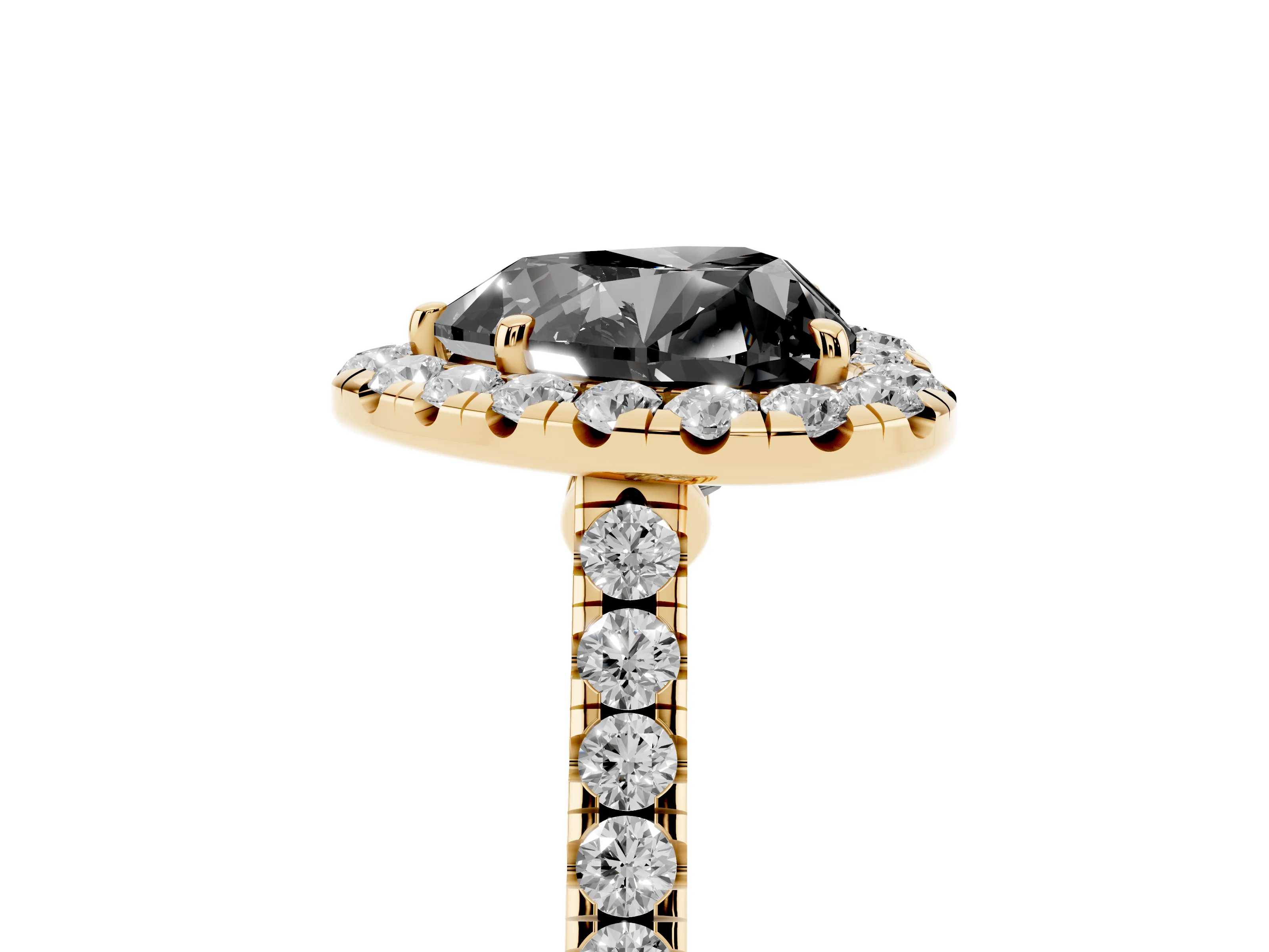 Fancy Black Heart Cut Diamond Halo Pavé Engagement Ring Set in Yellow gold with Prong Setting