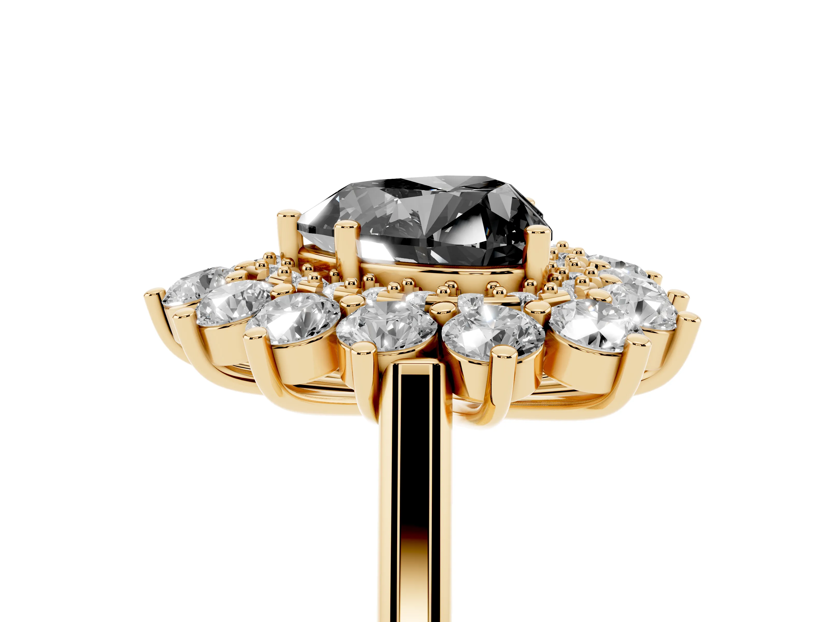 Fancy Black Heart Cut Diamond Floral Double Halo Ring Set in Yellow gold with Round Petals