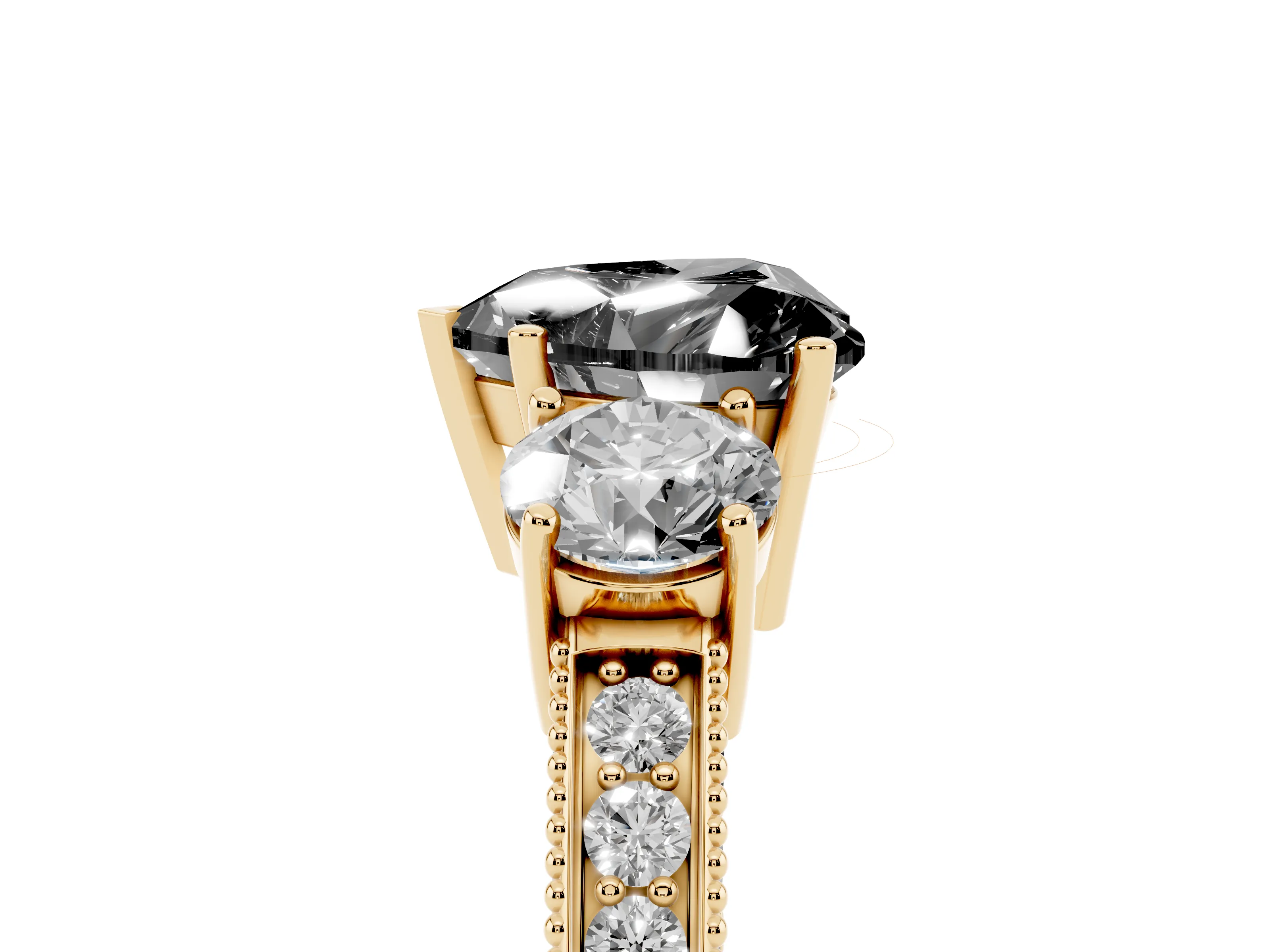 Fancy Black Heart Cut Diamond Three-Stone Ring Set in Yellow gold with Round Side Stones and Pavé Band