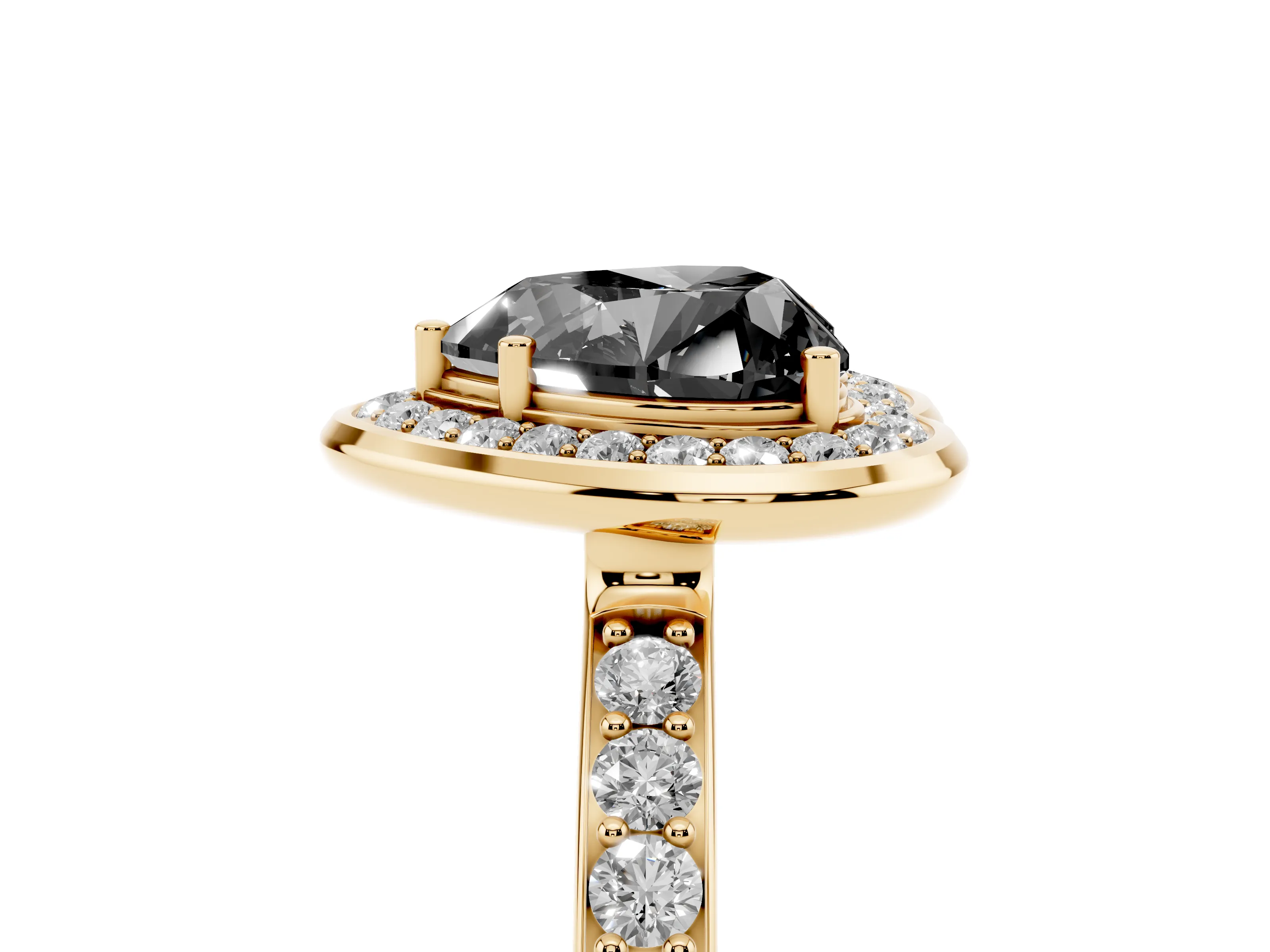 Fancy Black Heart Cut Diamond Halo Ring Set in Yellow gold with Bezel Frame and Pavé Band