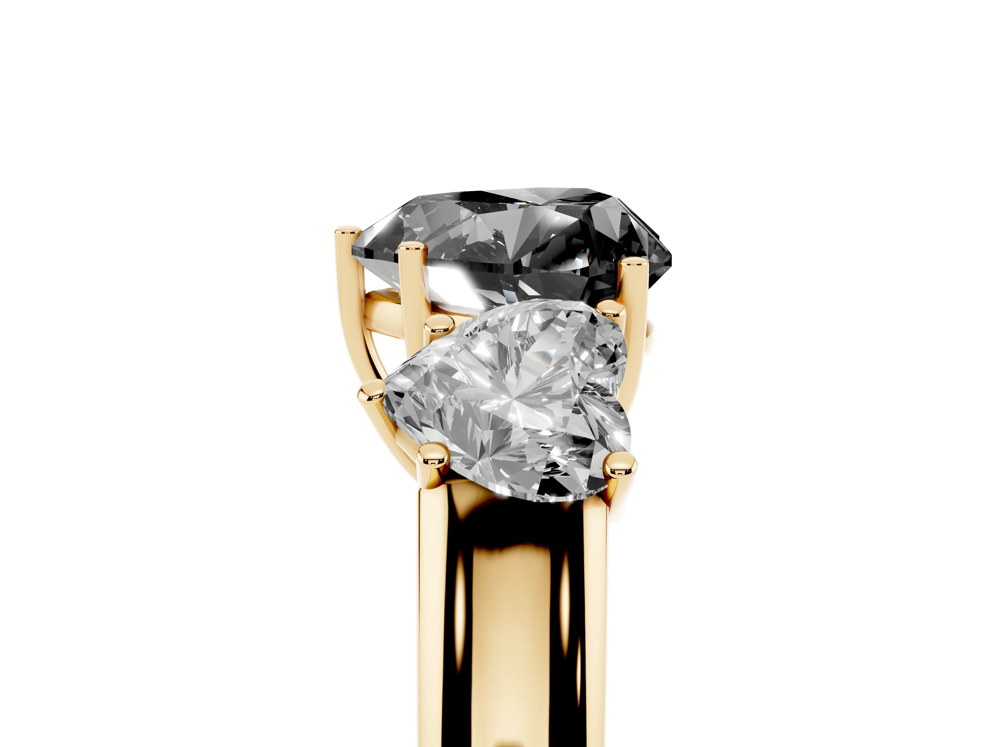 Fancy Black Three-Stone Heart Cut Diamond Ring Set in Yellow gold with Matching Prong Settings and Plain Band