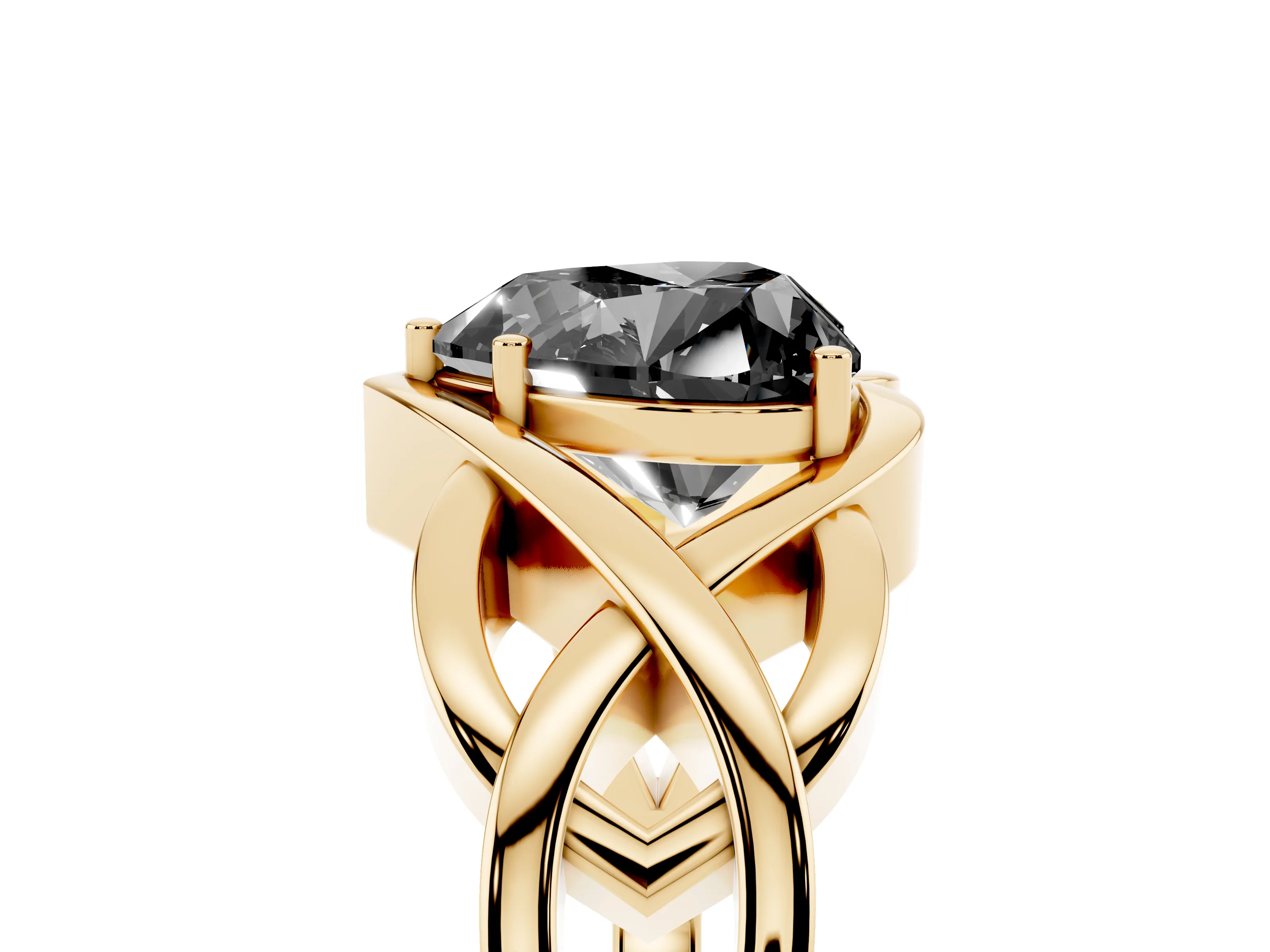Fancy Black Heart Cut Diamond Solitaire Ring Set in Yellow gold with Intertwined Band