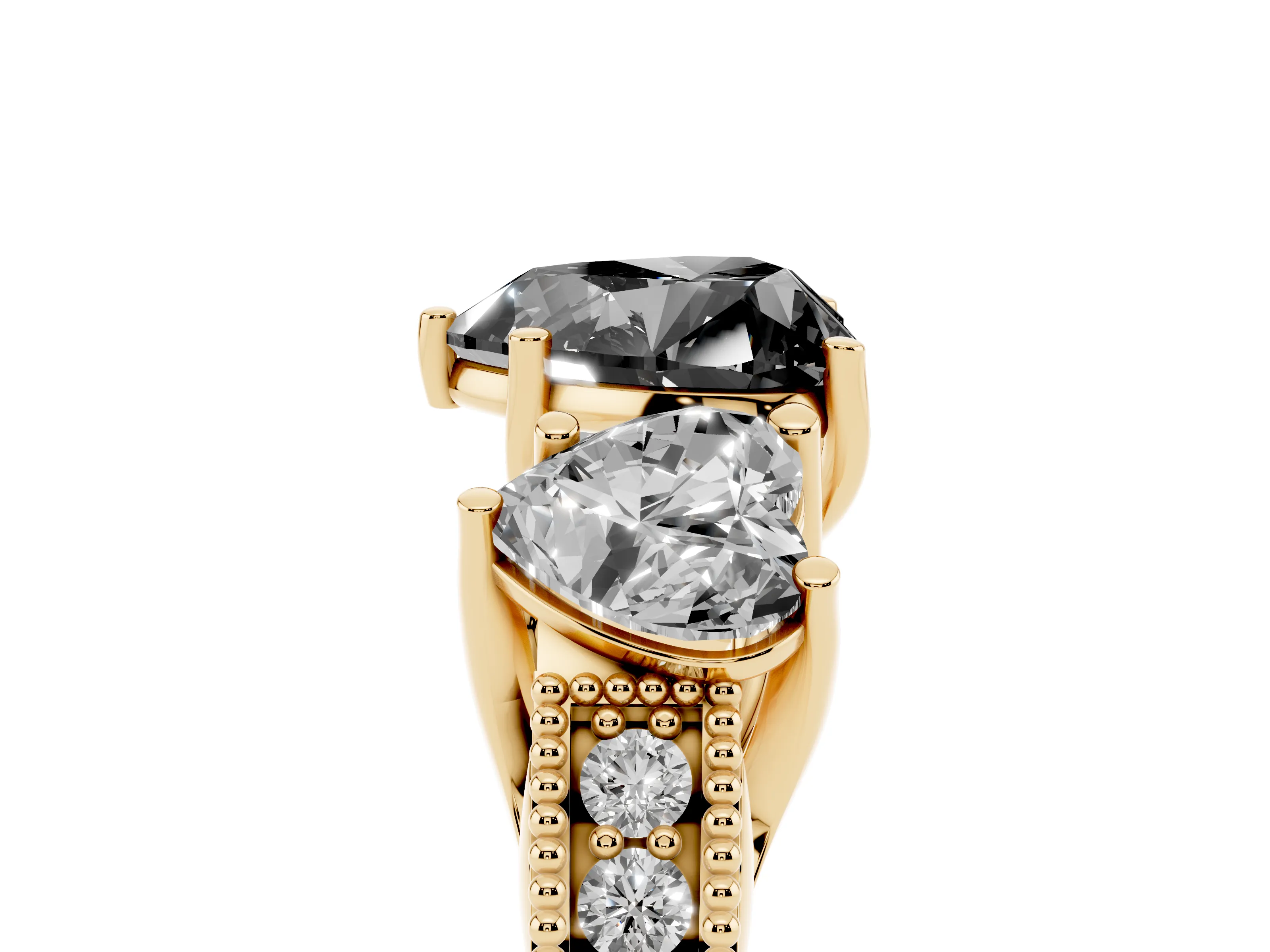 Fancy Black Heart Cut Diamond Three-Stone Engagement Ring Set in Yellow gold with Milgrain Pavé Band
