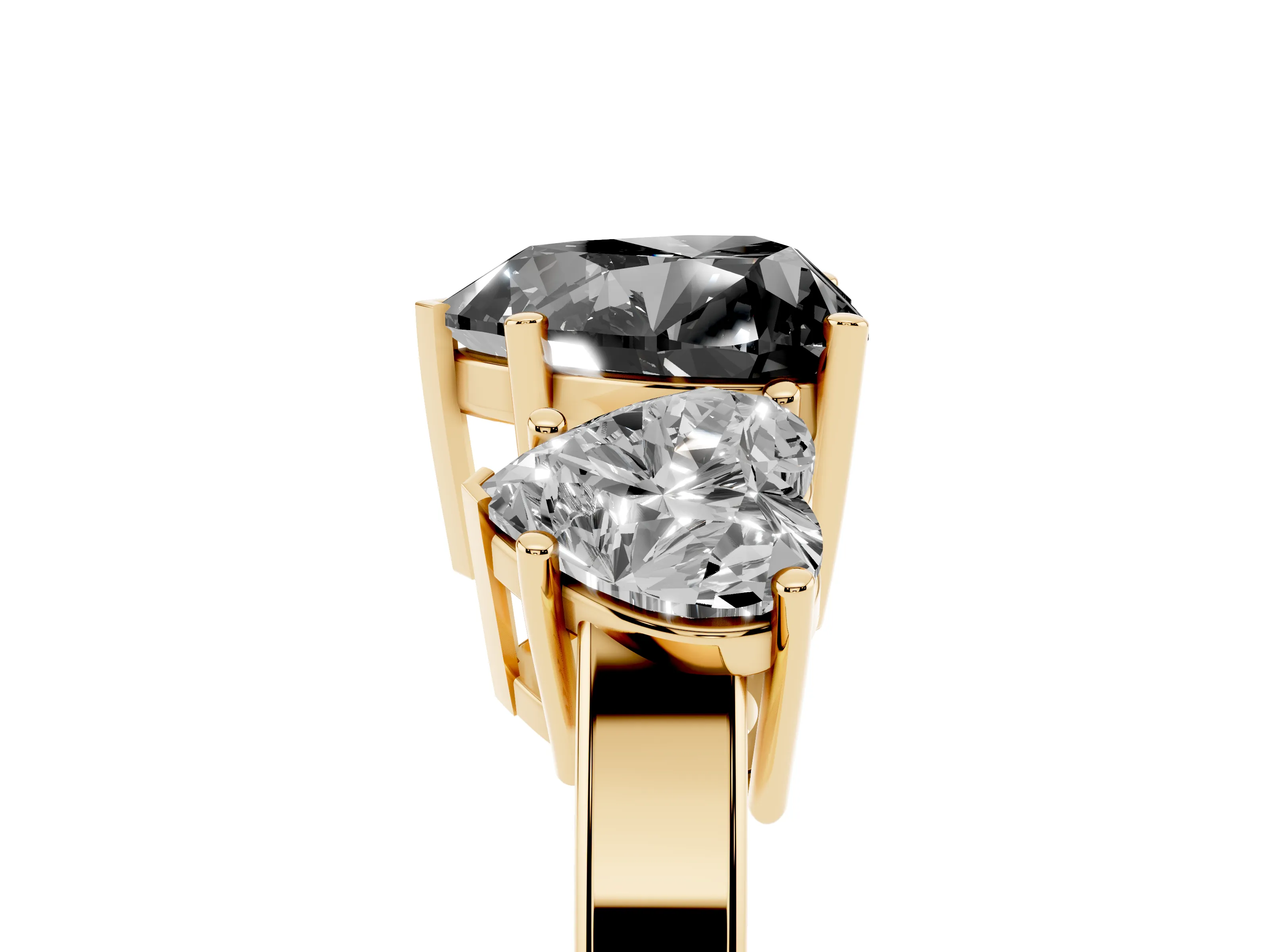 Fancy Black Heart Cut Diamond Three-Stone Engagement Ring Set in Yellow gold with Flat Band