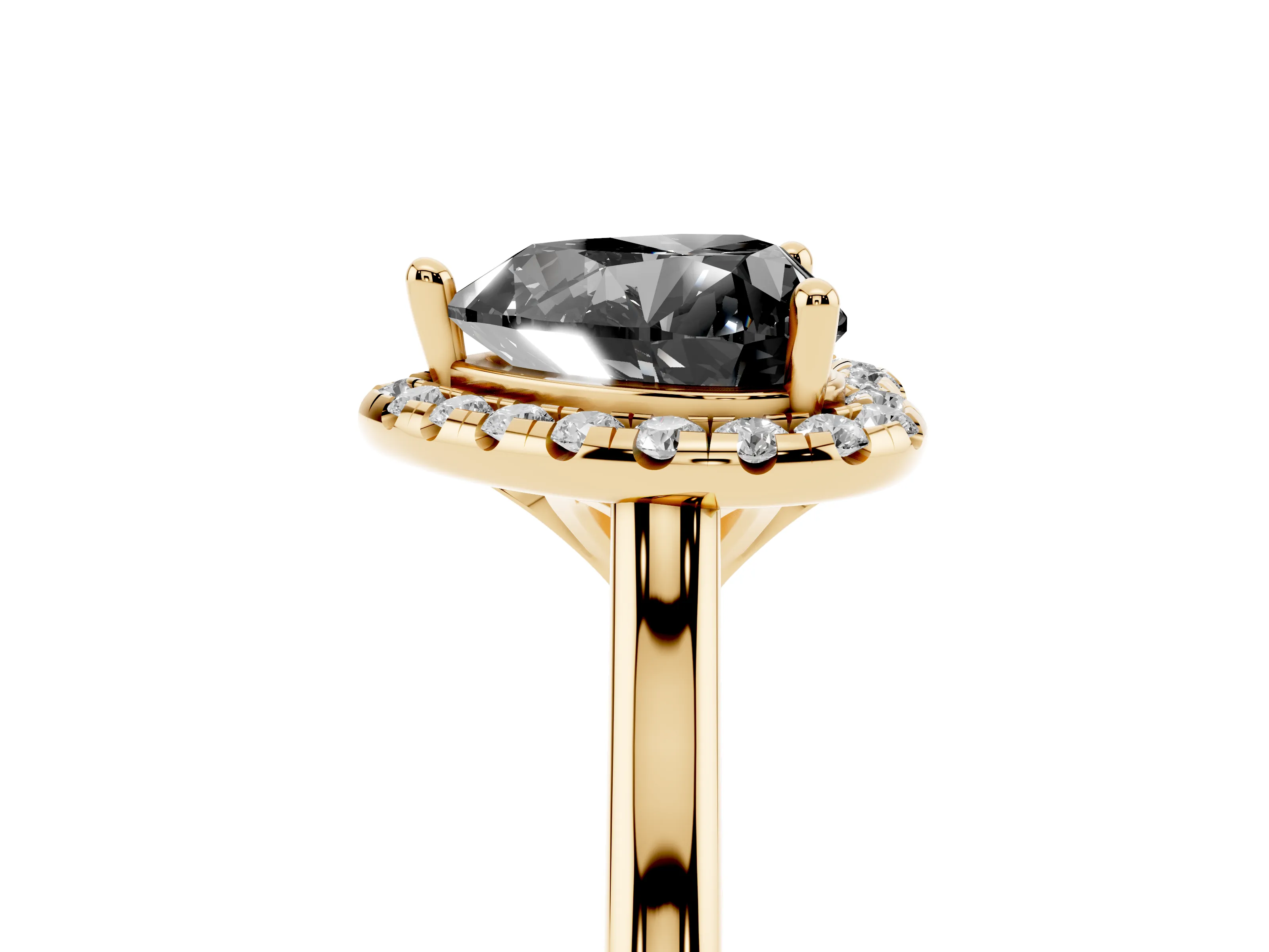 Fancy Black Heart Cut Diamond Halo Engagement Ring Set in Yellow gold with Pavé Band and Rising Shoulders