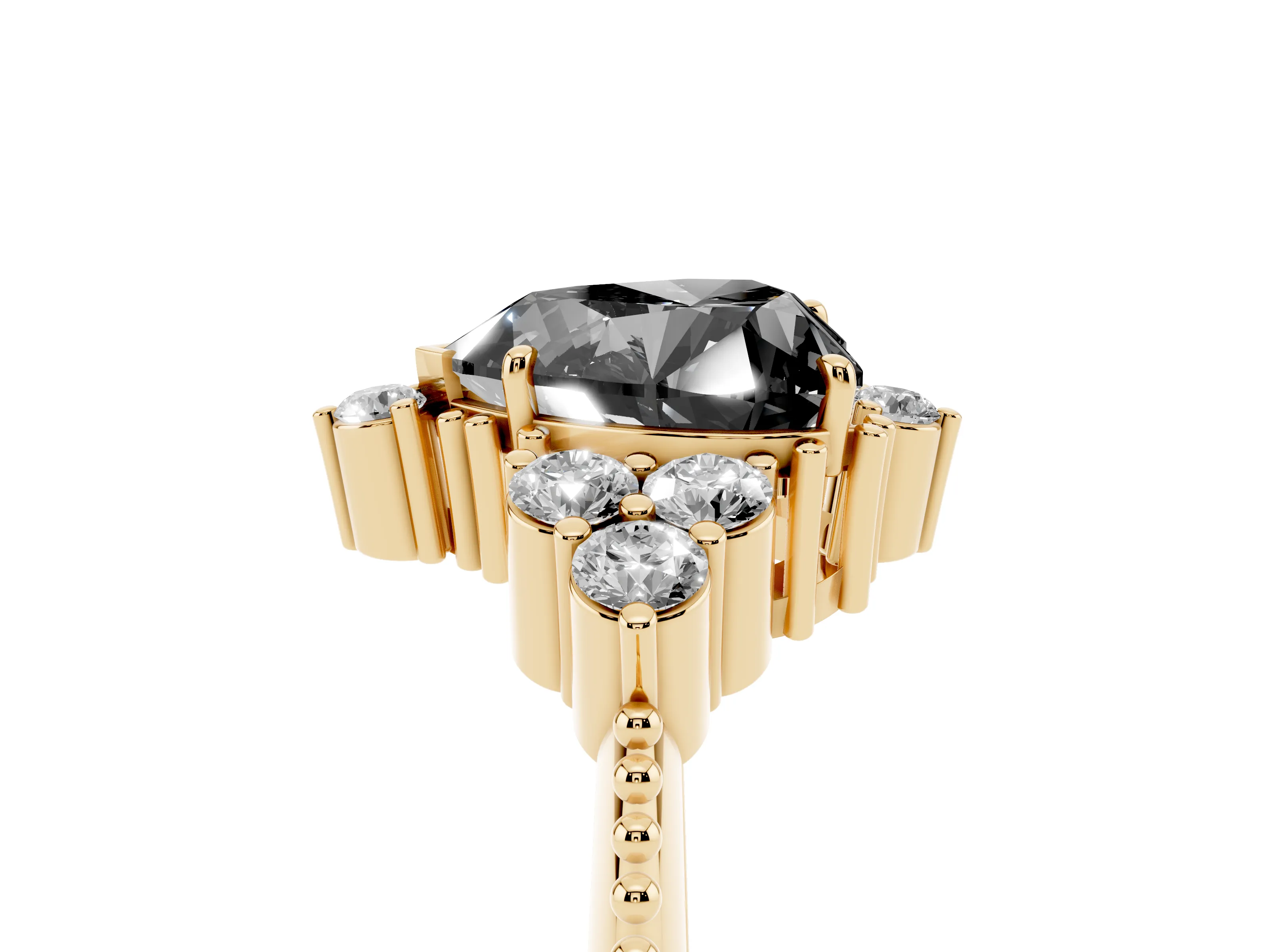 Fancy Black Heart Cut Diamond Cluster Ring Set in Yellow gold with Beaded Band