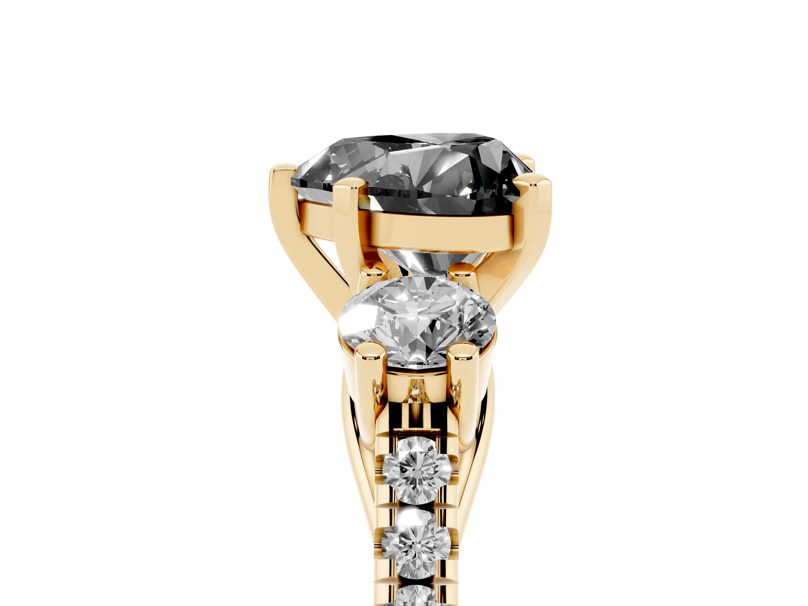 Fancy Black Three-Stone Heart Cut Diamond Pavé Band Ring Set in Yellow gold with Prong-Set Trio
