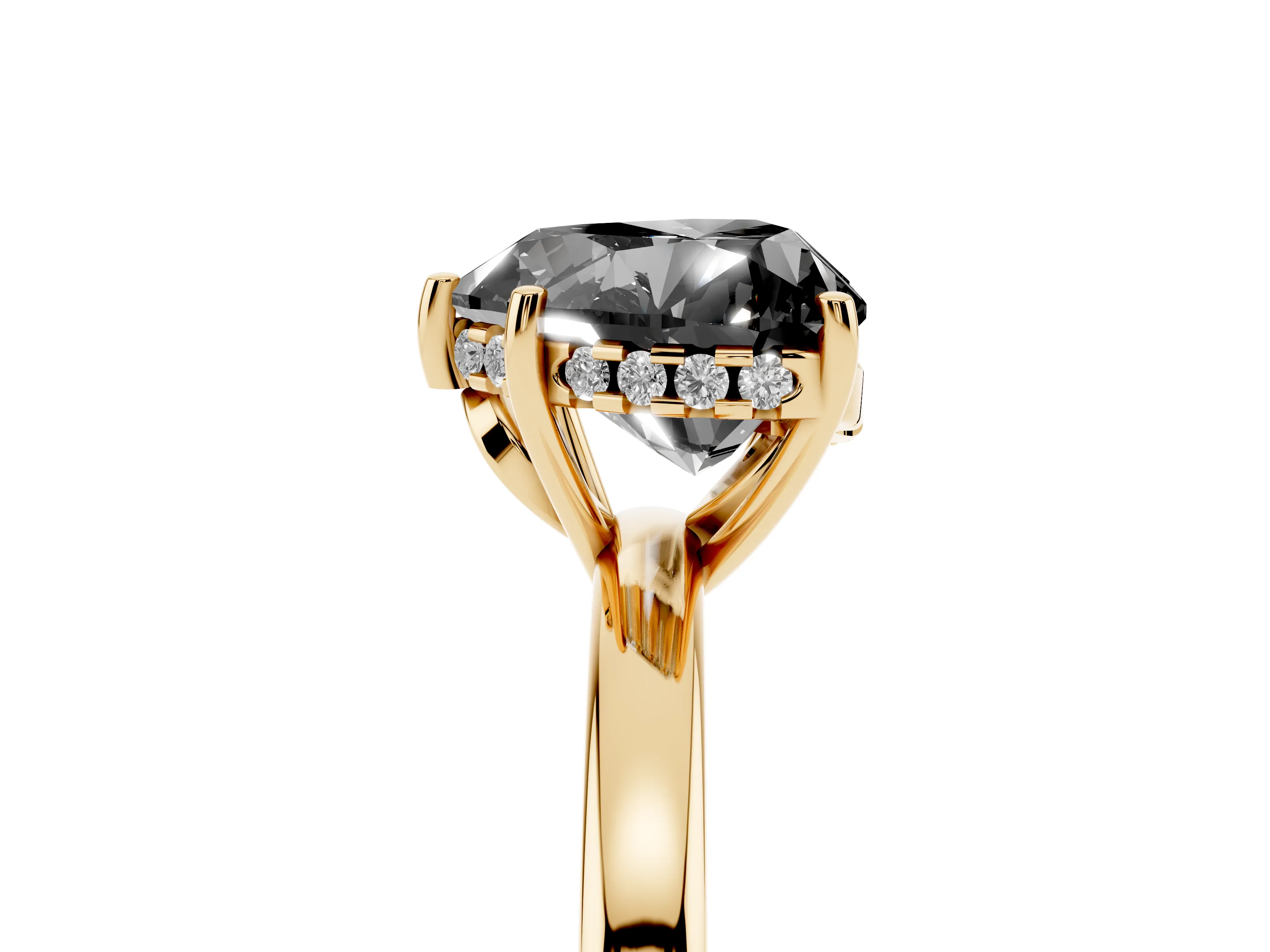 Fancy Black Heart Cut Diamond Solitaire Ring Set in Yellow gold with Plain Band and Prong Setting