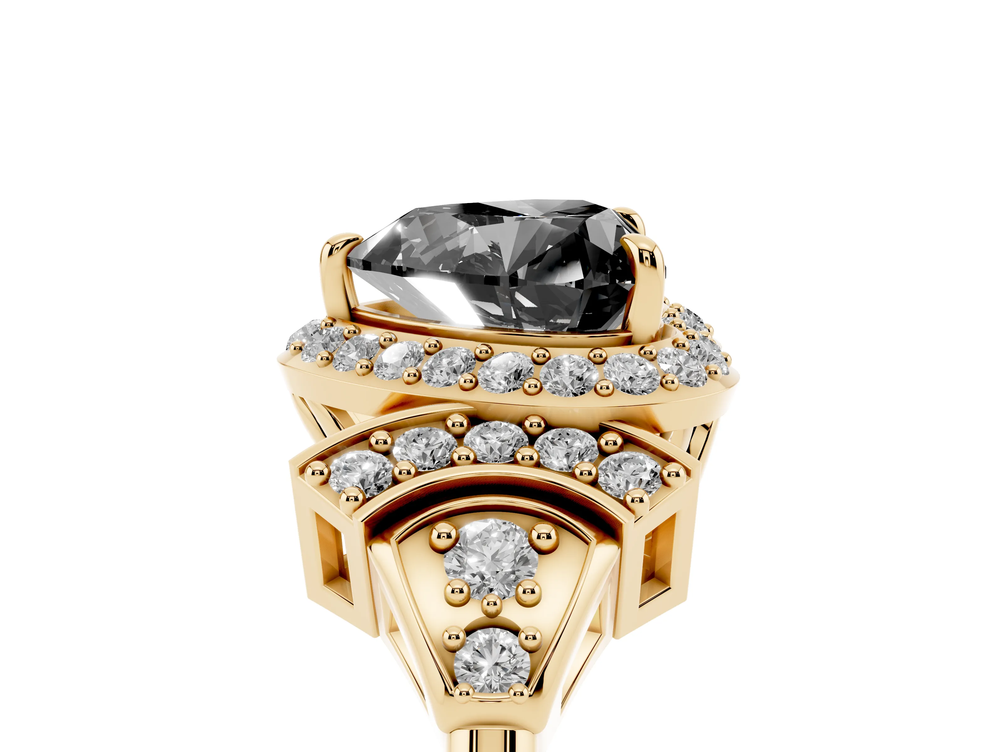 Fancy Black Heart Cut Diamond Halo Engagement Ring Set in Yellow gold with Accent Stone Split Shank