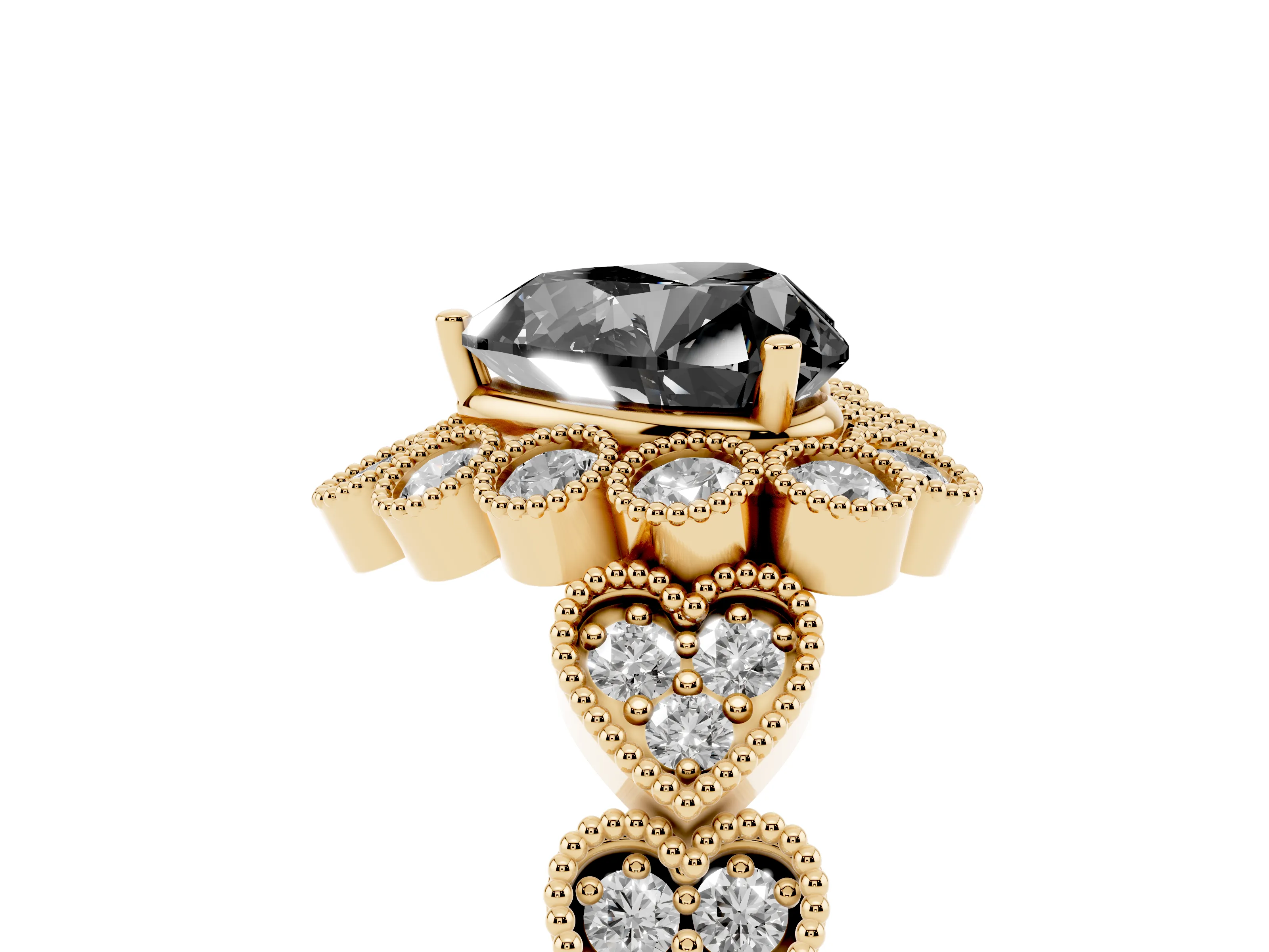 Fancy Black Heart Cut Diamond Solitaire Ring Set in Yellow gold with Milgrain Pavé Heart Band
