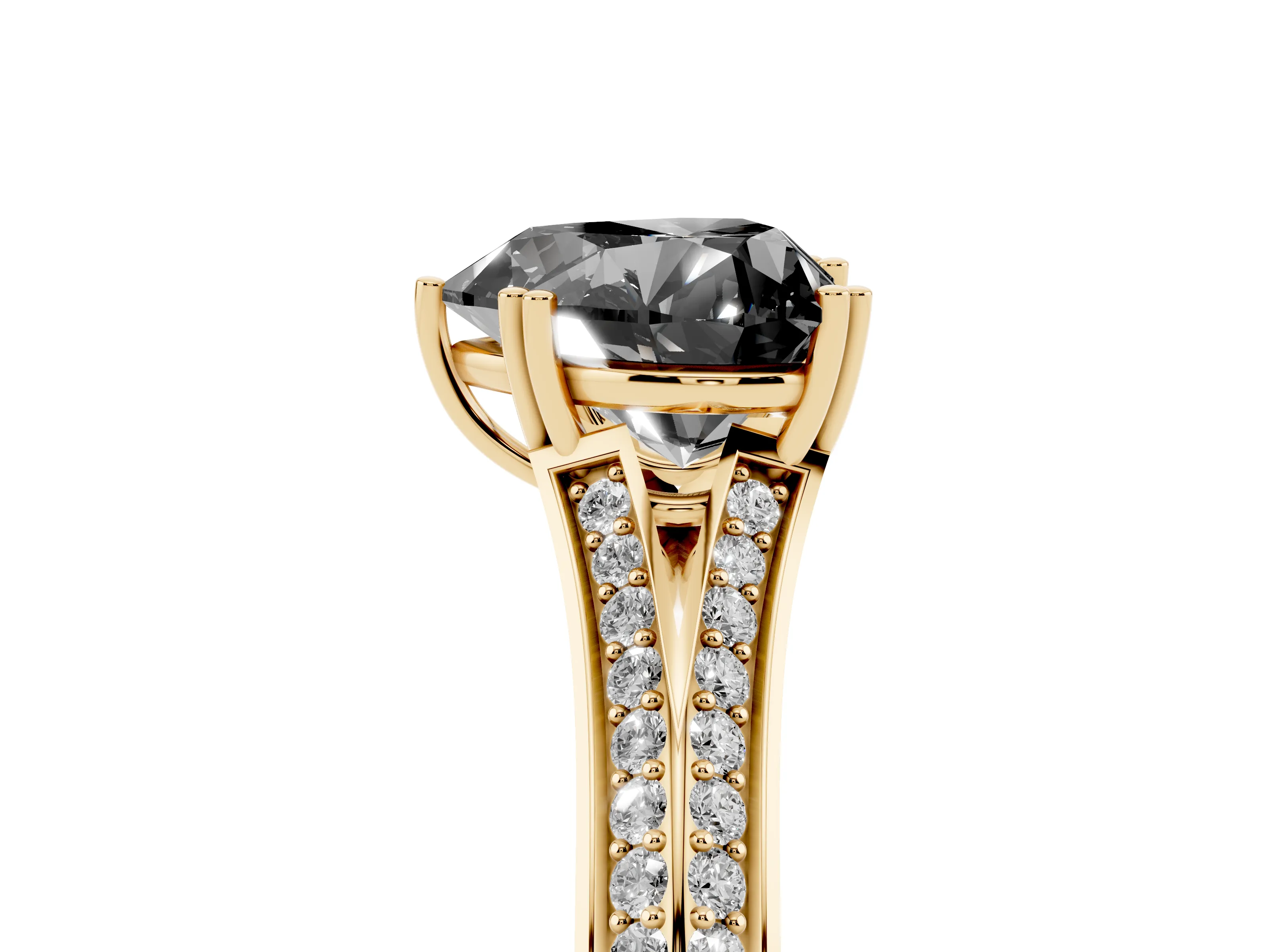 Fancy Black Heart Cut Diamond Split Shank Pavé Engagement Ring Set in Yellow gold with Prong-Set Center Stone