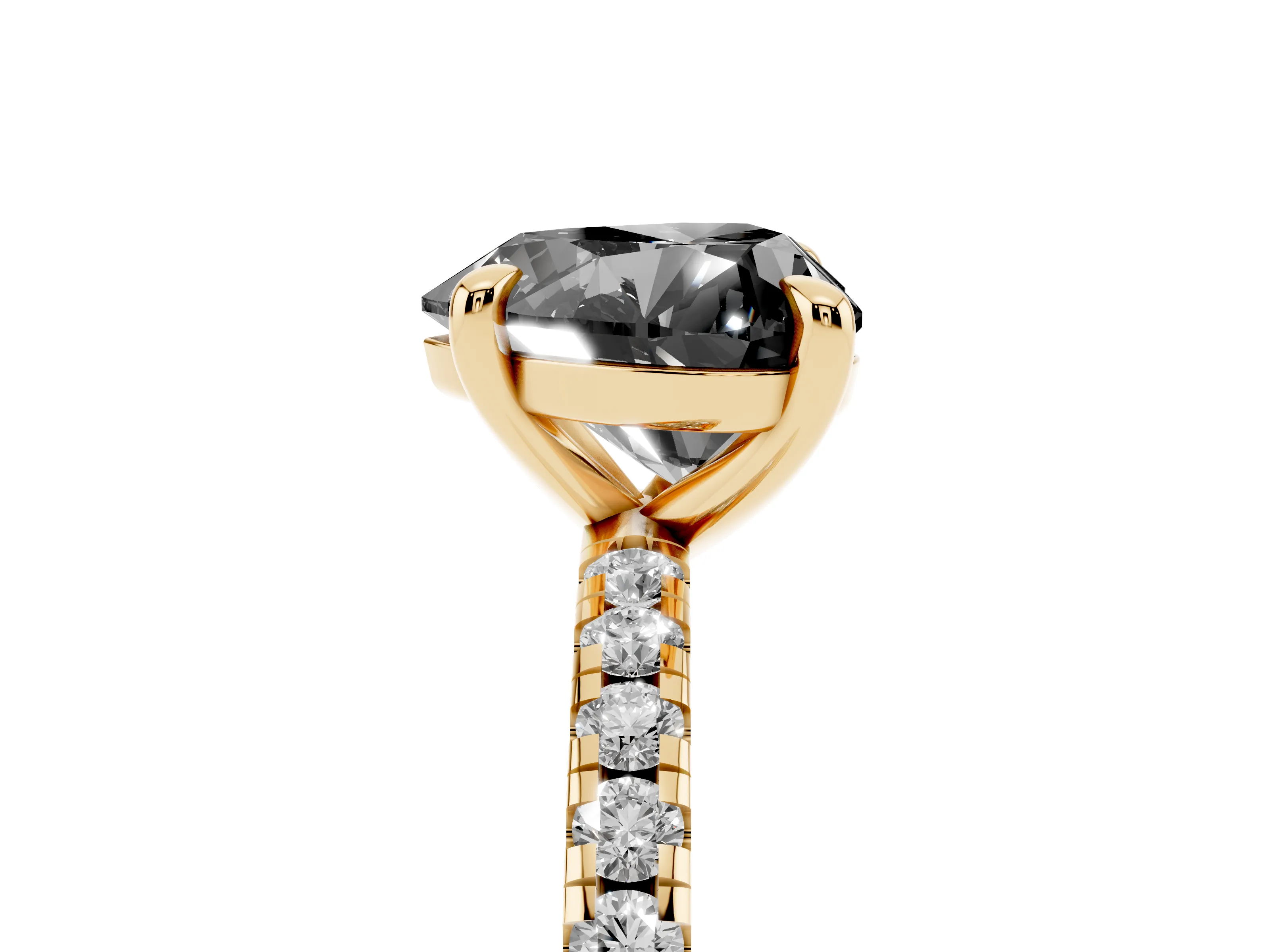 Fancy Black Heart Cut Diamond Brilliant Solitaire Ring Set in Yellow gold with Pavé Band and Prong Setting
