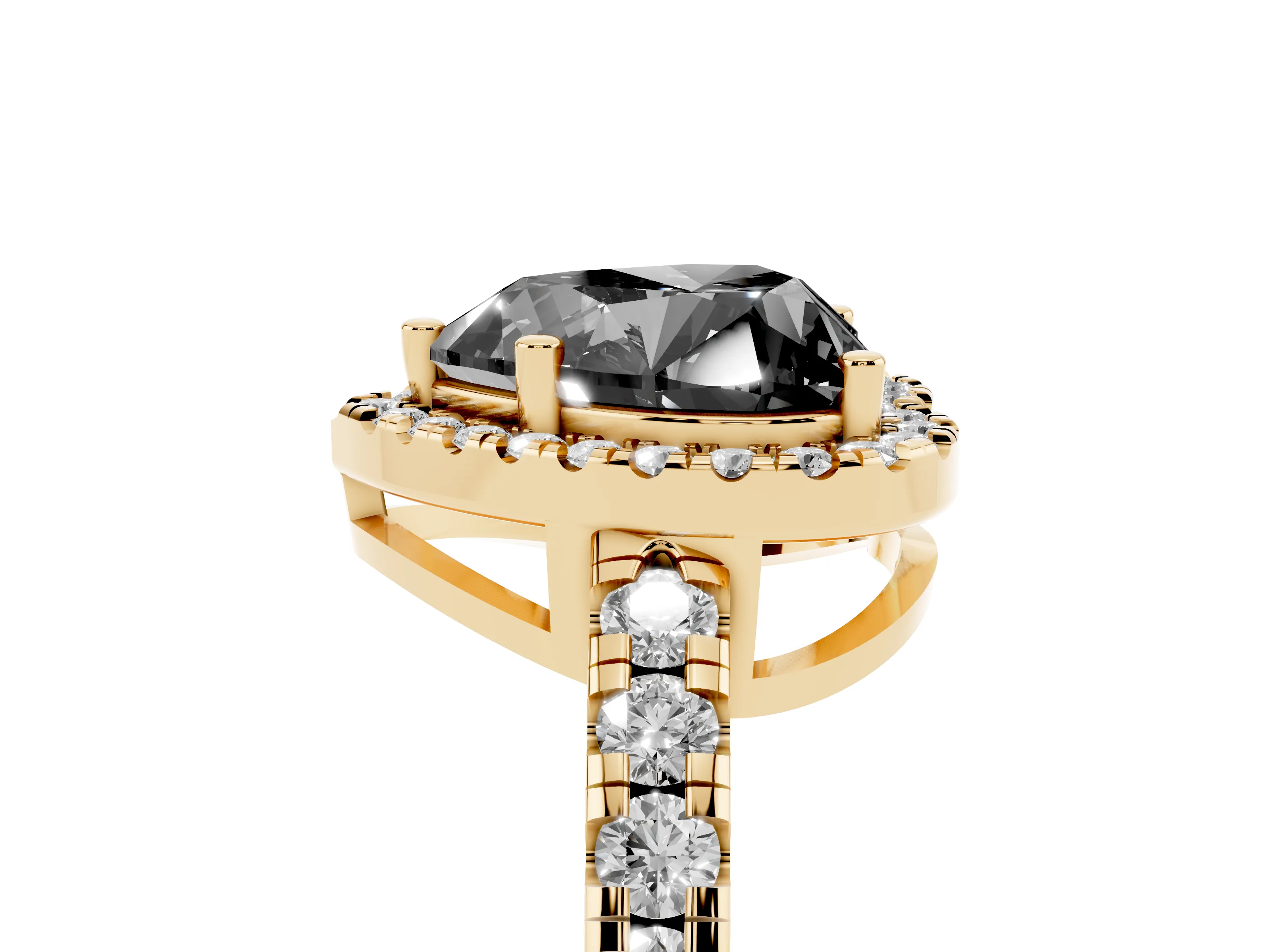 Fancy Black Heart Cut Diamond Halo Ring Set in Yellow gold with Delicate Pavé Band and Prong Setting