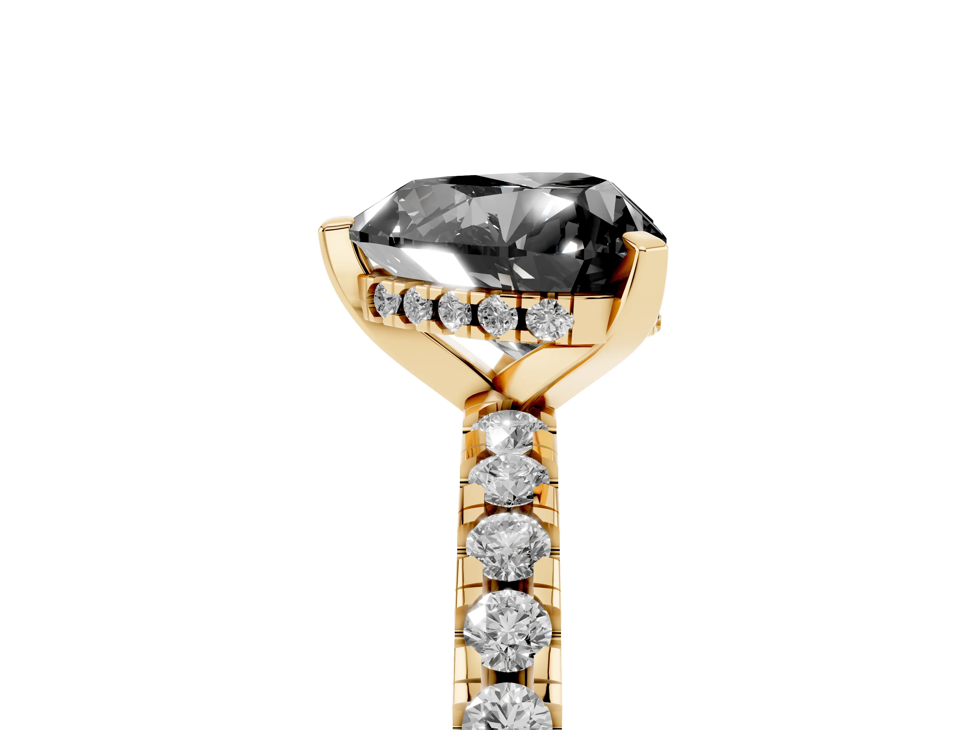 Fancy Black Heart Cut Diamond Pavé Solitaire Ring Set in Yellow gold with Round Band Accents and Prong Setting