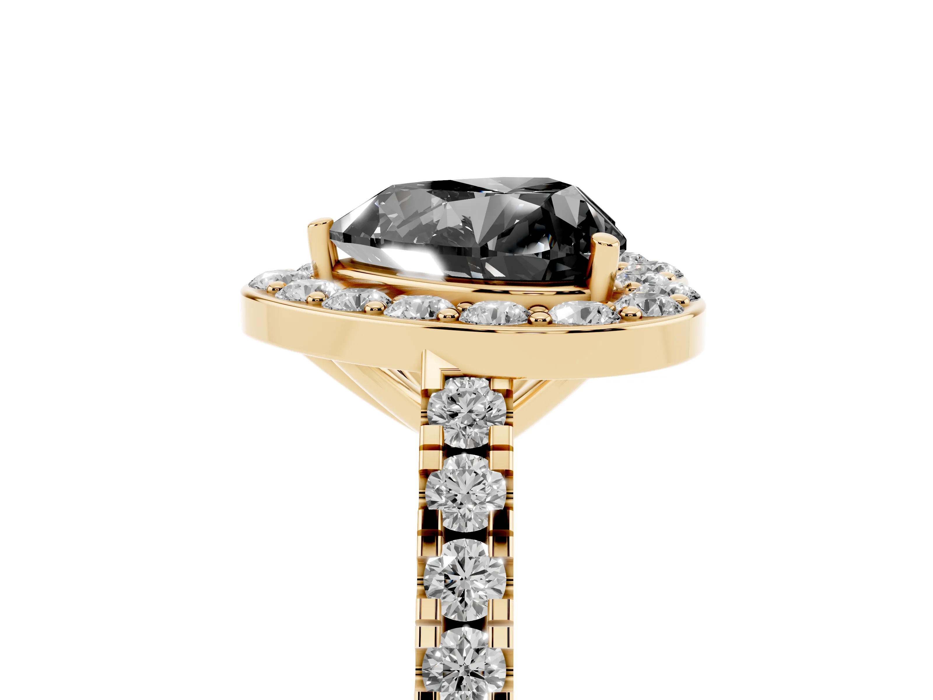 Fancy Black Heart Cut Diamond Halo Ring Set in Yellow gold with Round Pavé Split Shank and Prong Setting