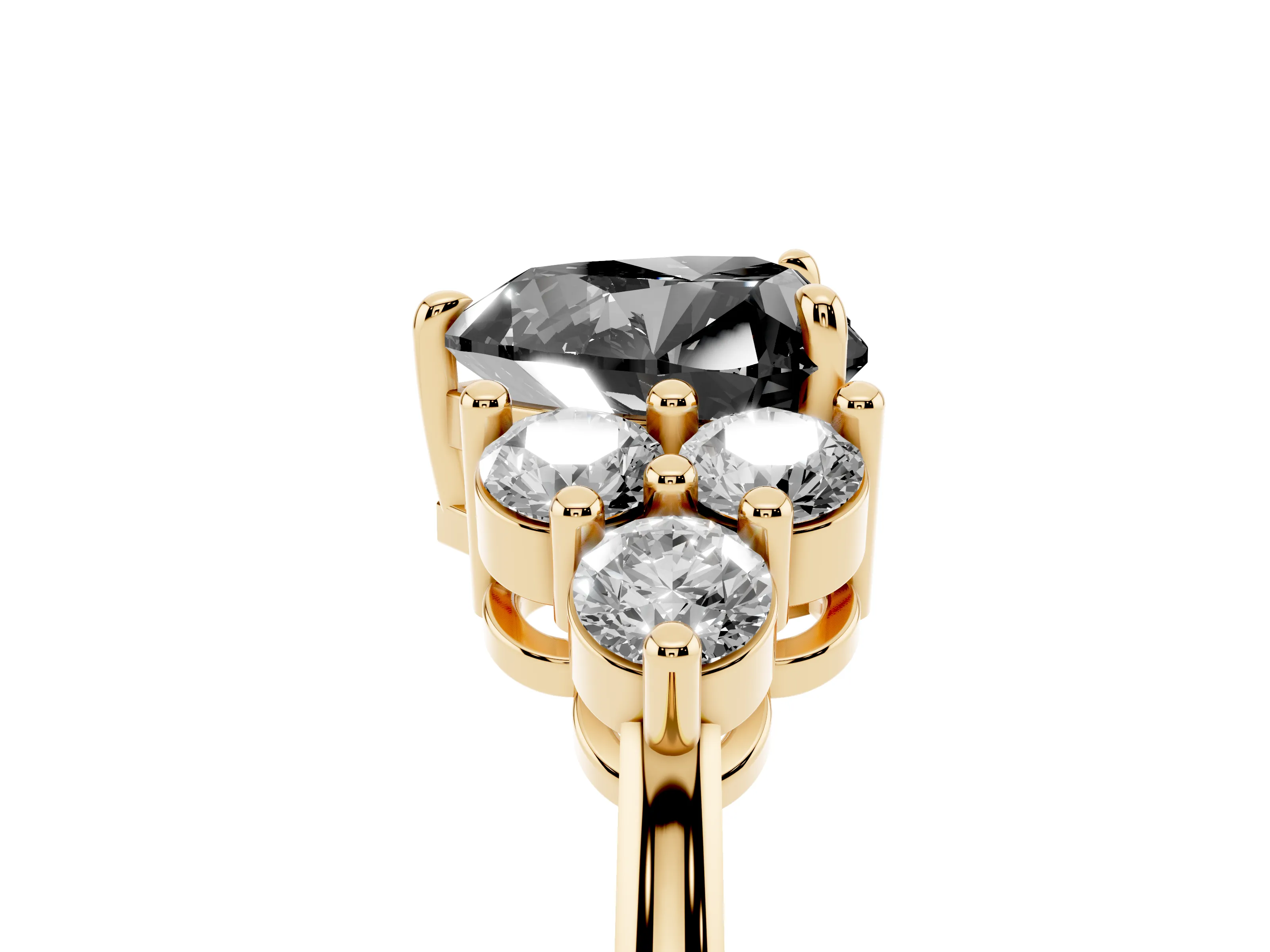 Fancy Black Heart Cut Diamond Solitaire Ring Set in Yellow gold with Cluster Accents on Each Side