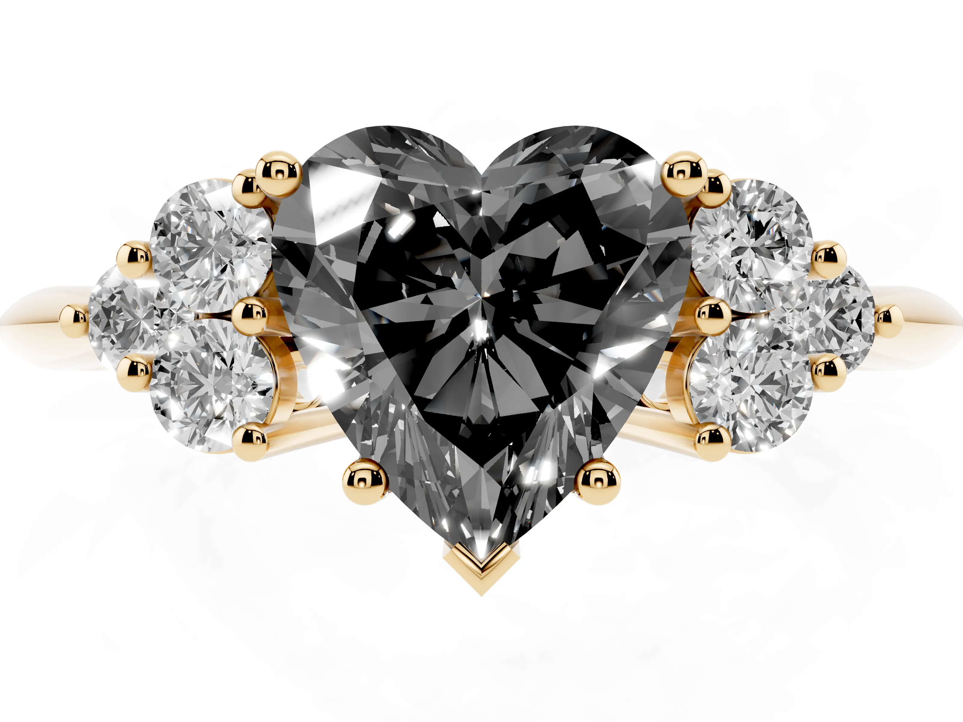 Fancy Black Heart Cut Diamond Cluster Ring Set in Yellow gold with Plain Band and Prong Setting