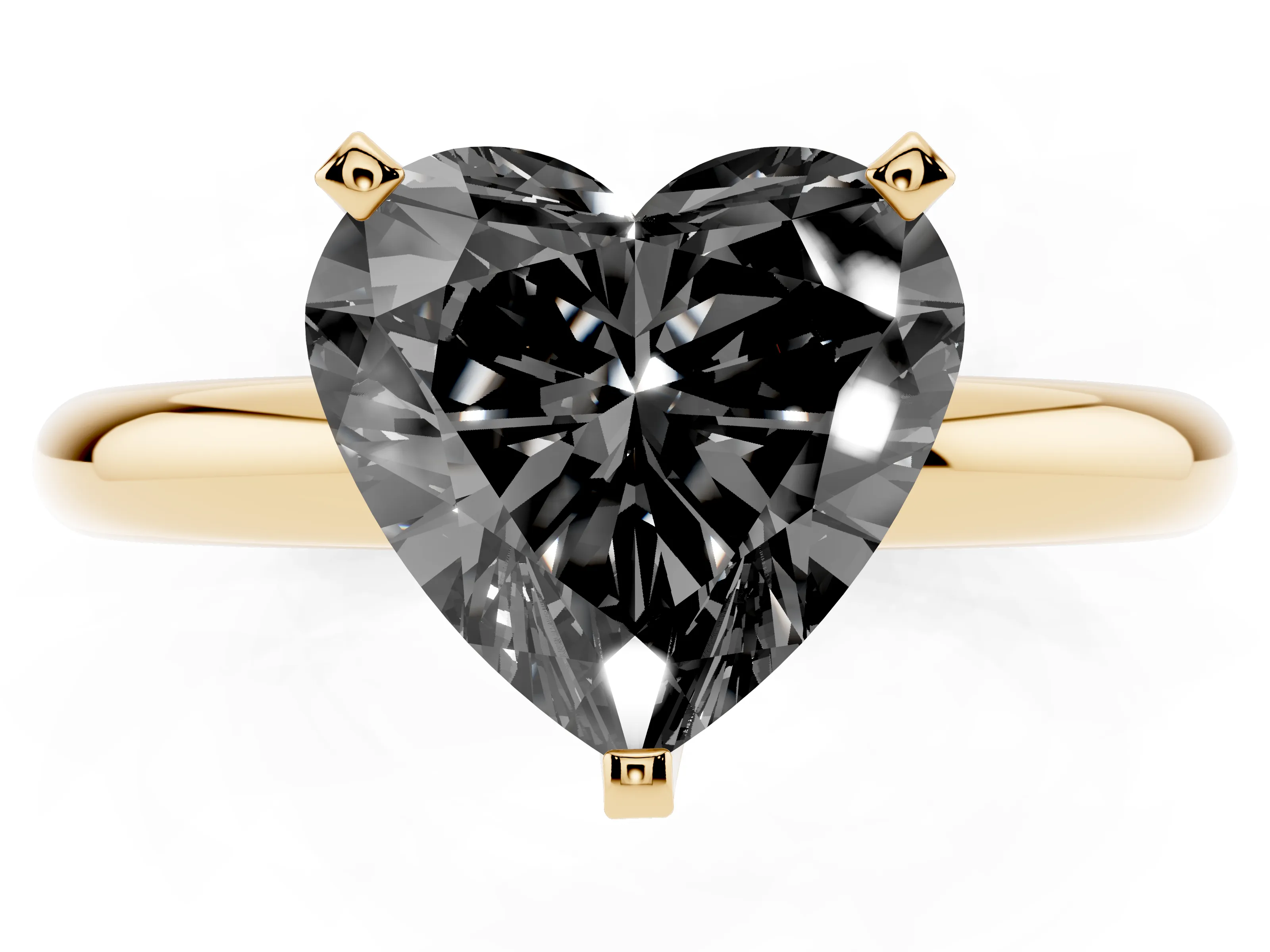 Fancy Black Heart Cut Diamond Solitaire Engagement Ring Set in Yellow gold with Round Band and Prong Setting