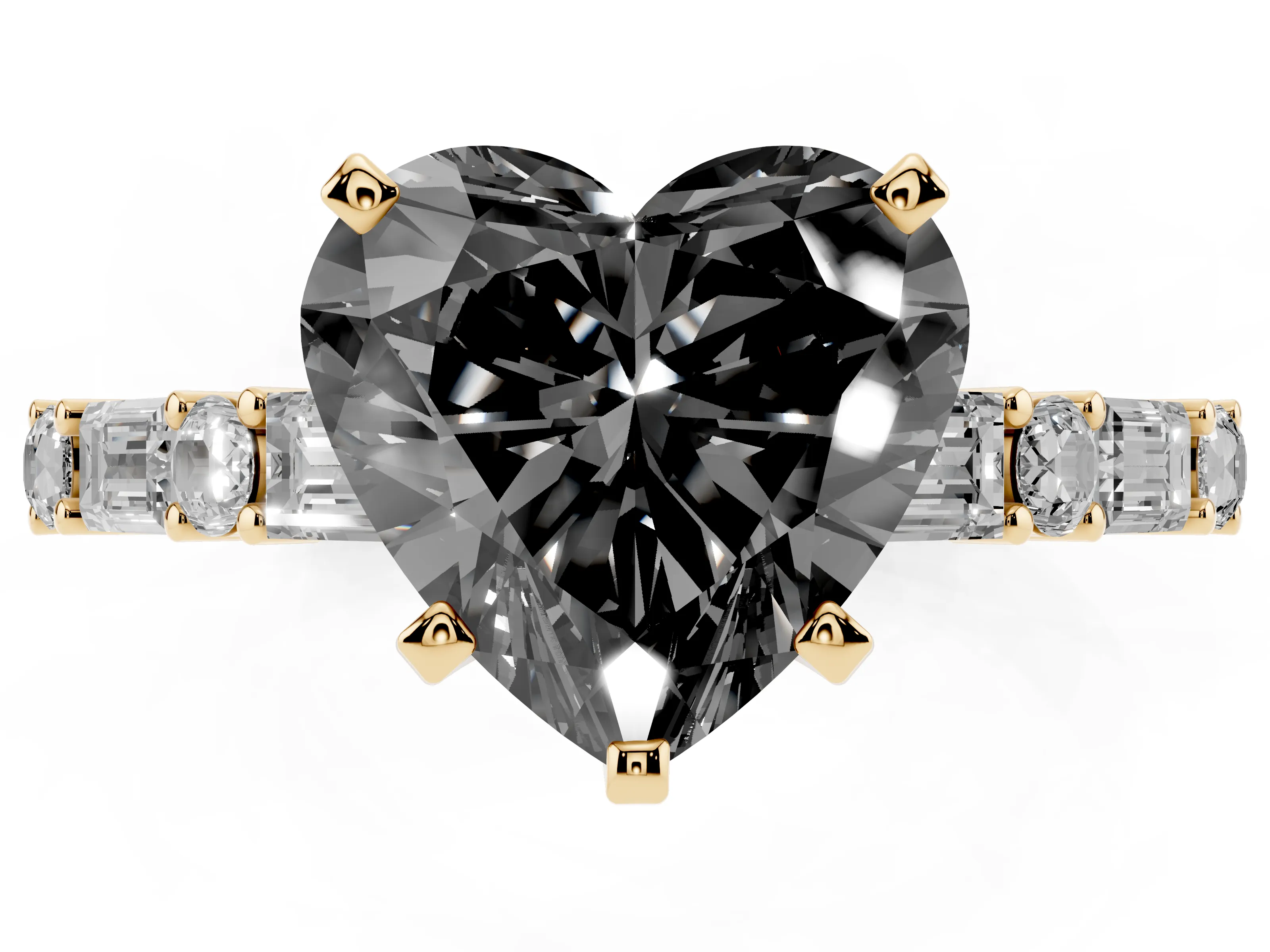 Fancy Black Heart Cut Diamond Solitaire Set in Yellow gold with Side Baguettes and Channel Set Band
