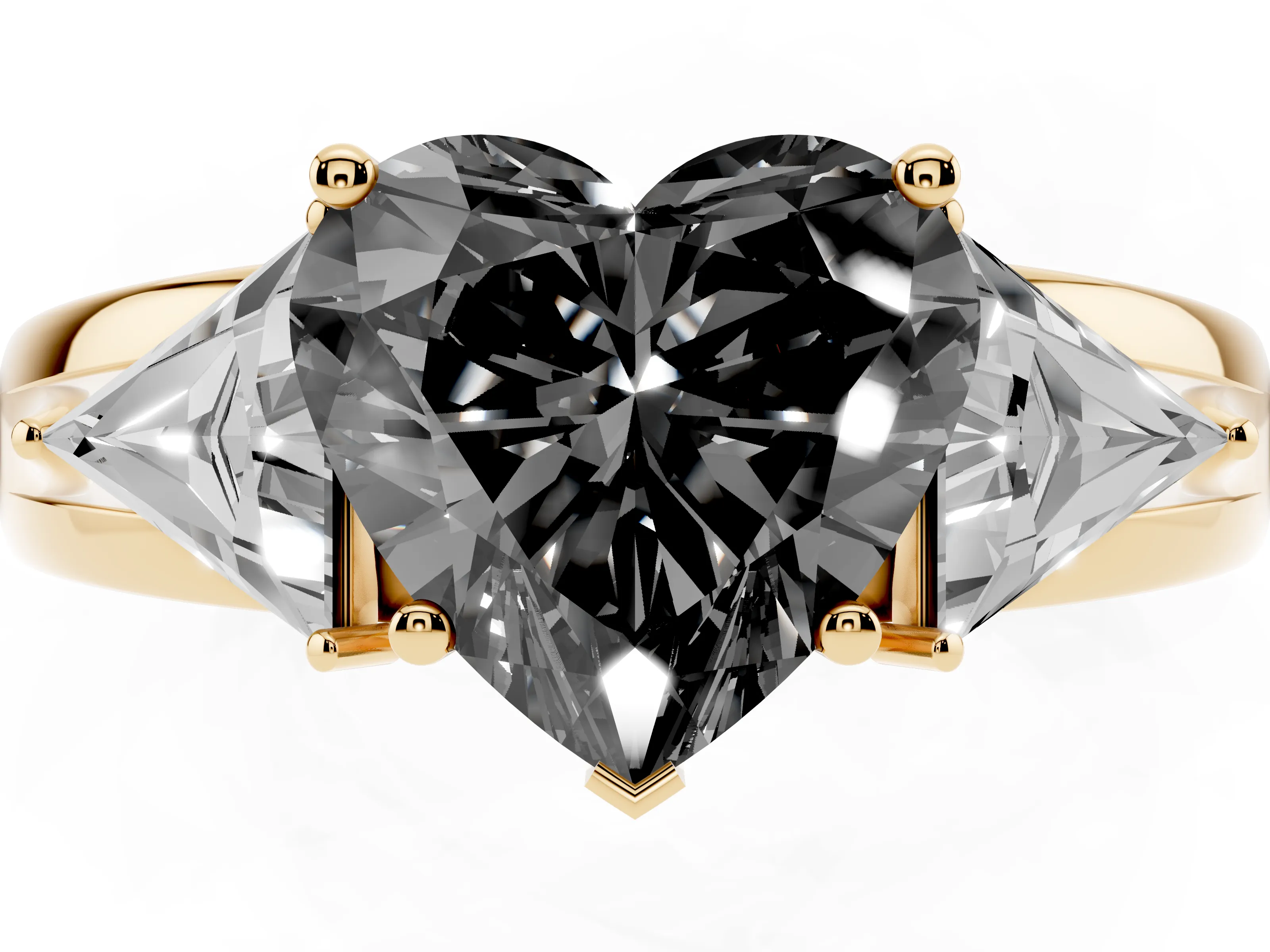 Fancy Black Heart Cut Diamond Three-Stone Ring Set in Yellow gold with Trillion Side Stones and Split Shank