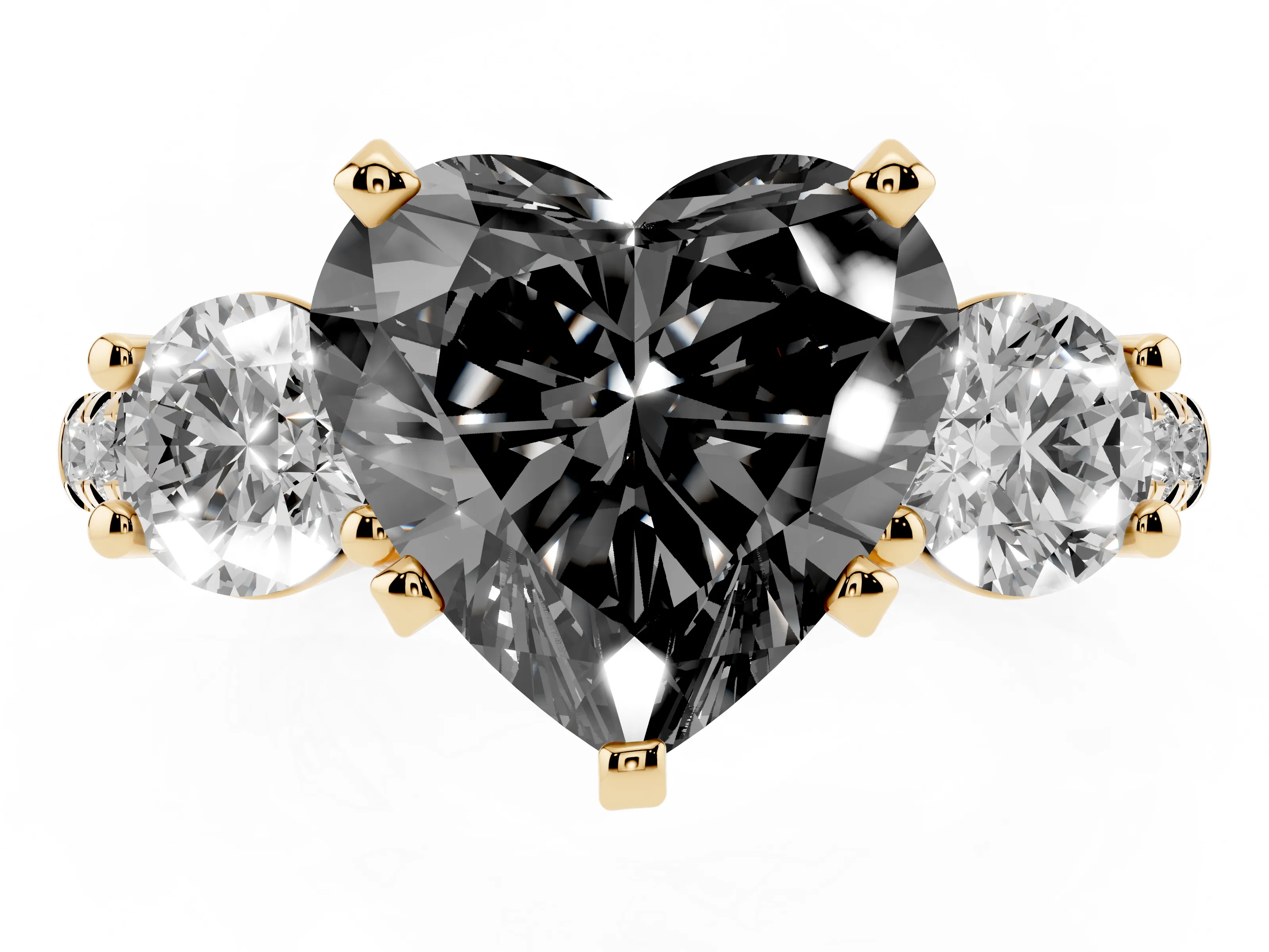 Fancy Black Three-Stone Heart Cut Diamond Pavé Band Ring Set in Yellow gold with Prong-Set Trio