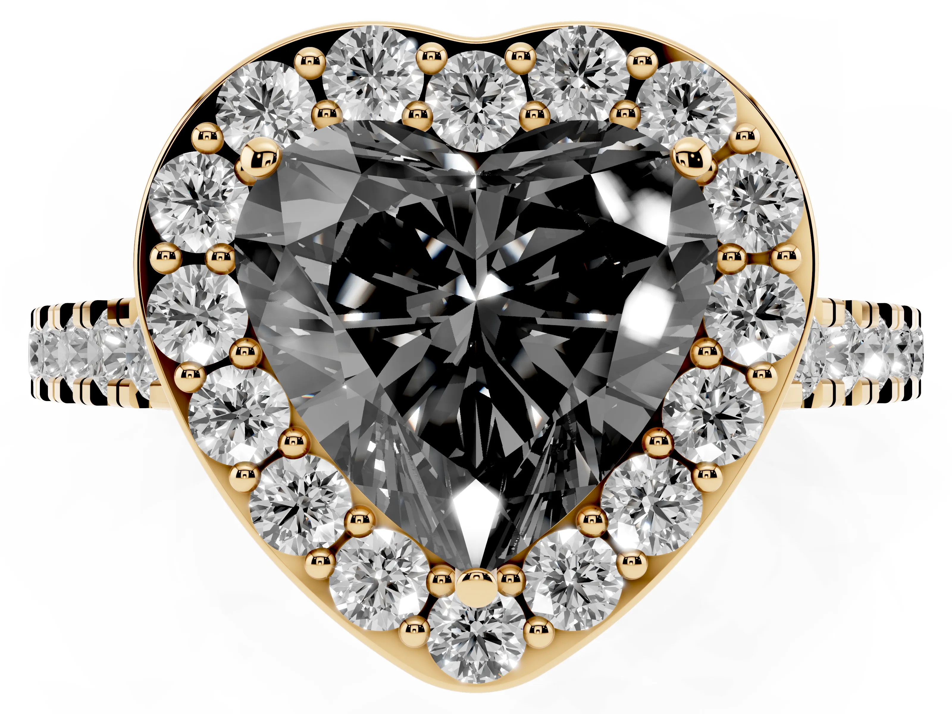 Fancy Black Heart Cut Diamond Halo Ring Set in Yellow gold with Round Pavé Split Shank and Prong Setting
