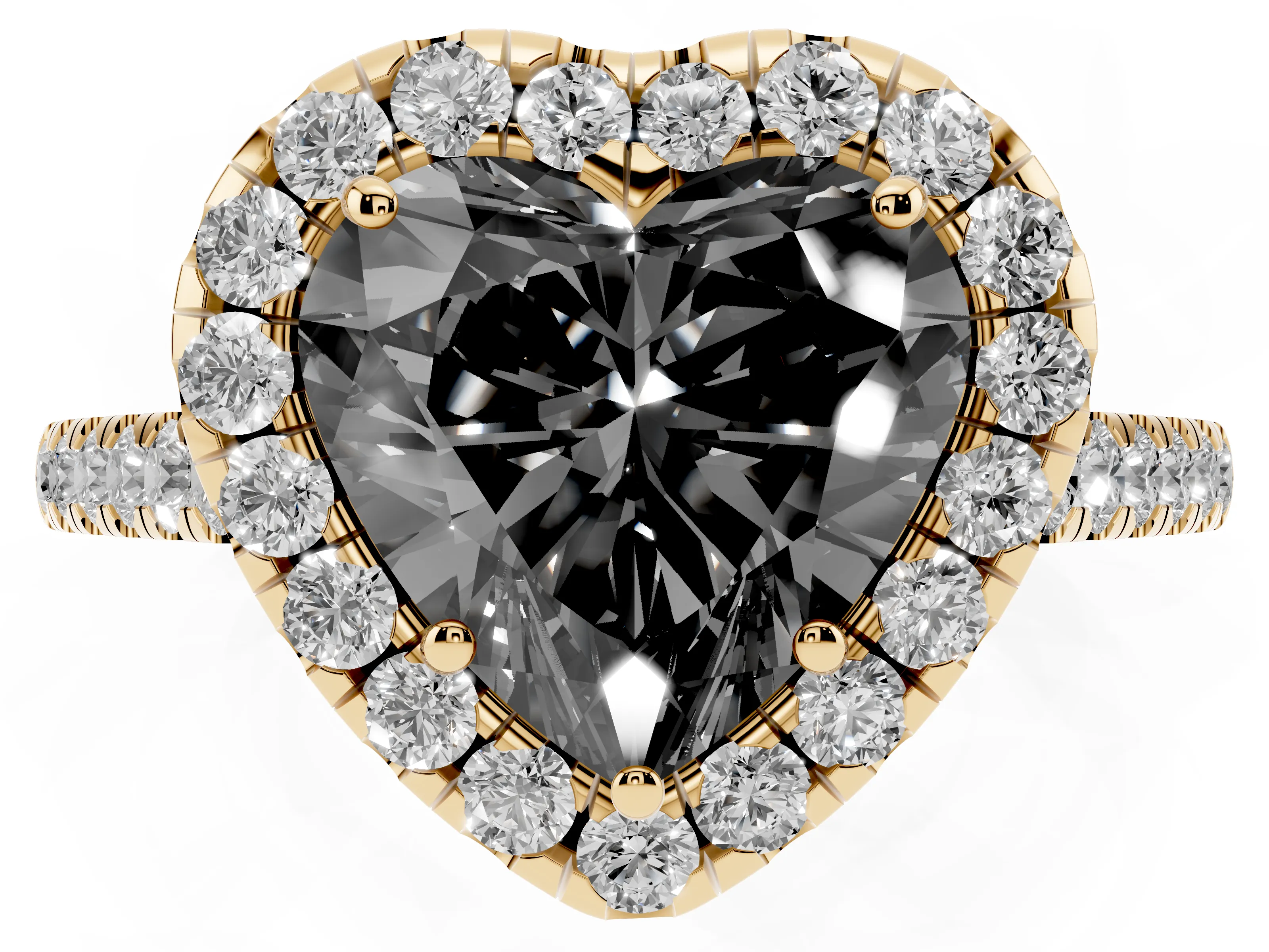 Fancy Black Heart Cut Diamond Halo Pavé Engagement Ring Set in Yellow gold with Prong Setting
