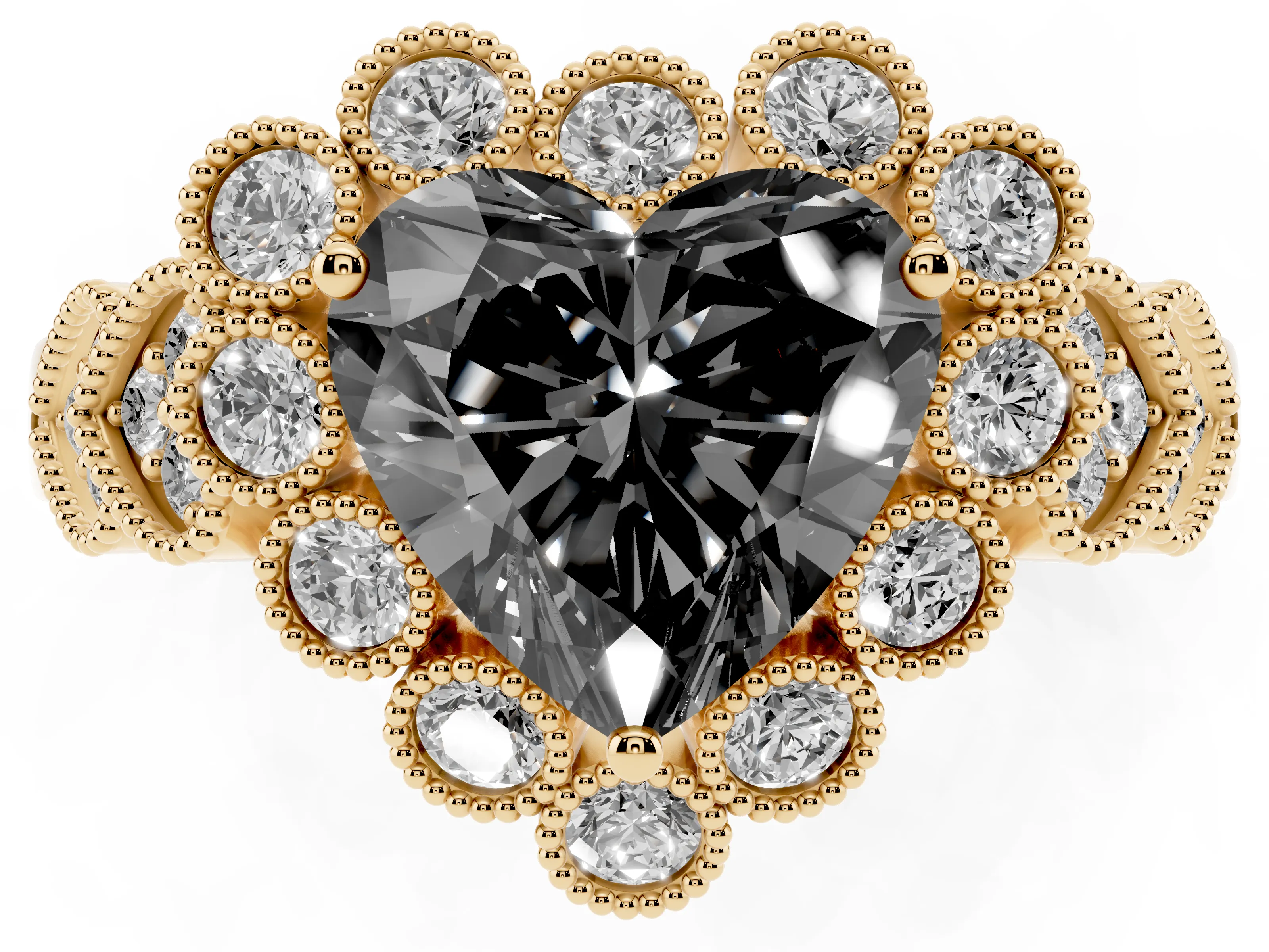 Fancy Black Heart Cut Diamond Solitaire Ring Set in Yellow gold with Milgrain Pavé Heart Band