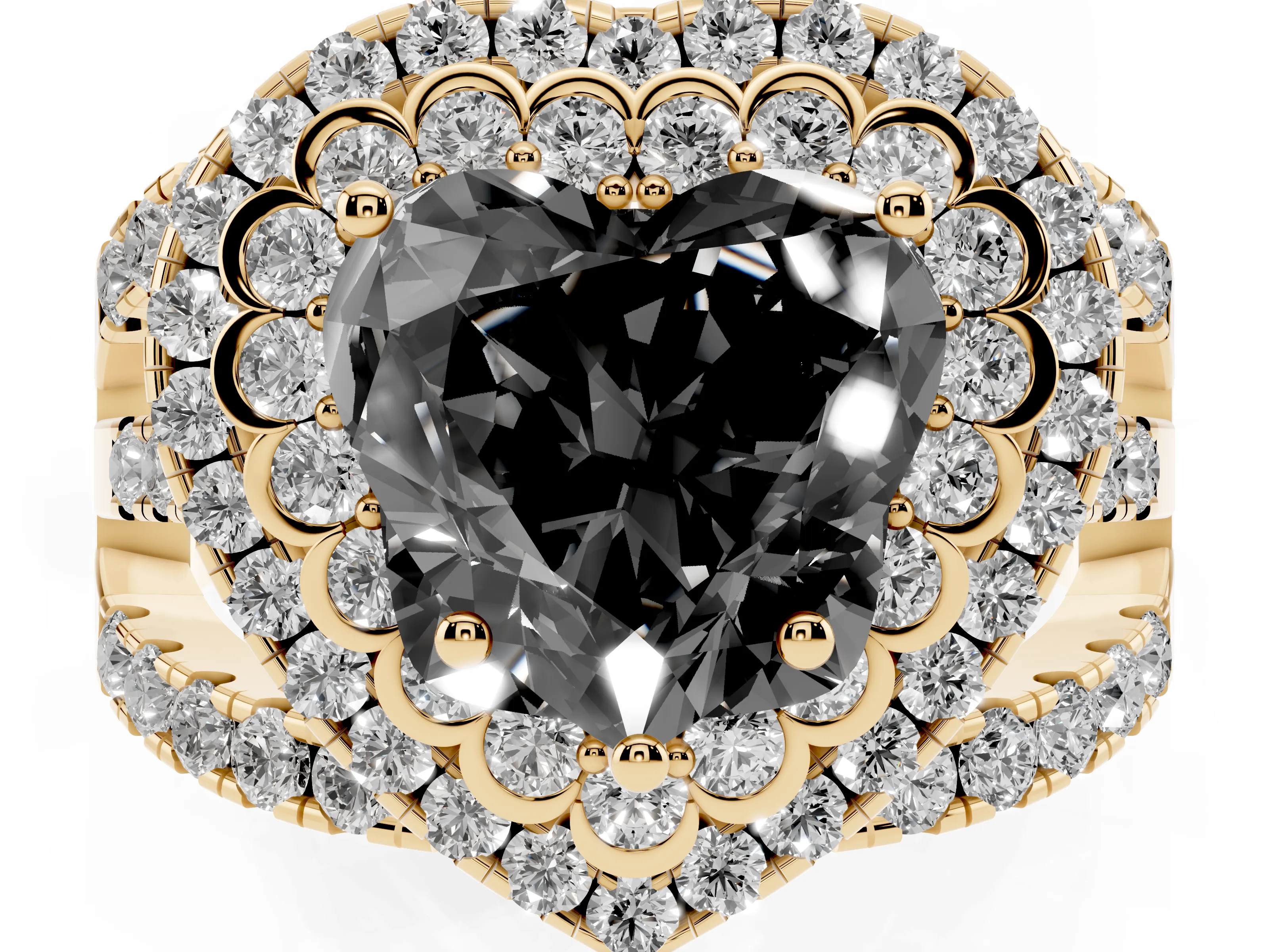 Fancy Black Heart Cut Diamond Double Halo Ring Set in Yellow gold with Round Pavé Split Shank