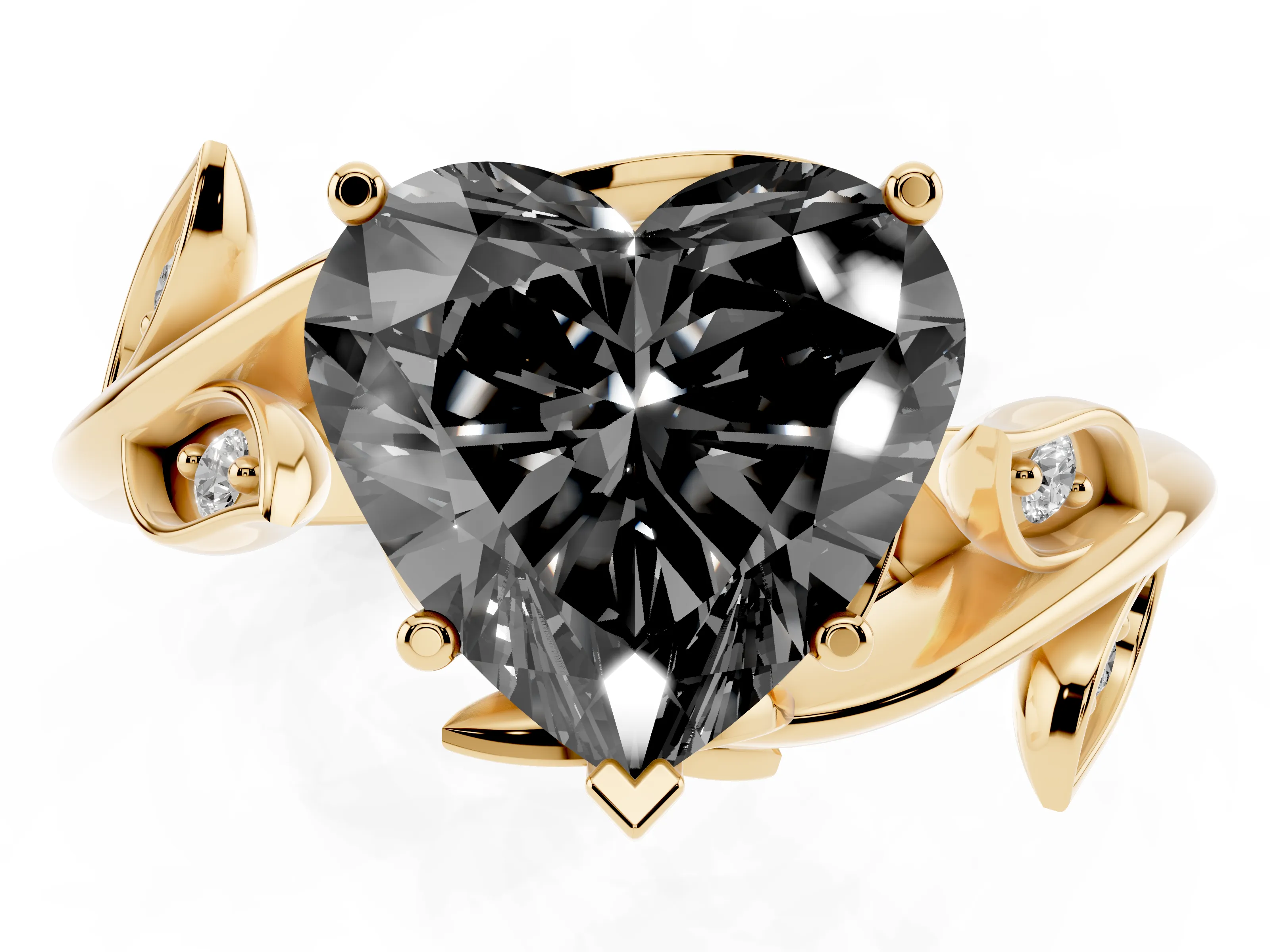 Fancy Black Heart Cut Diamond Solitaire Twist Engagement Ring Set in Yellow gold with Pavé Leaf Accents