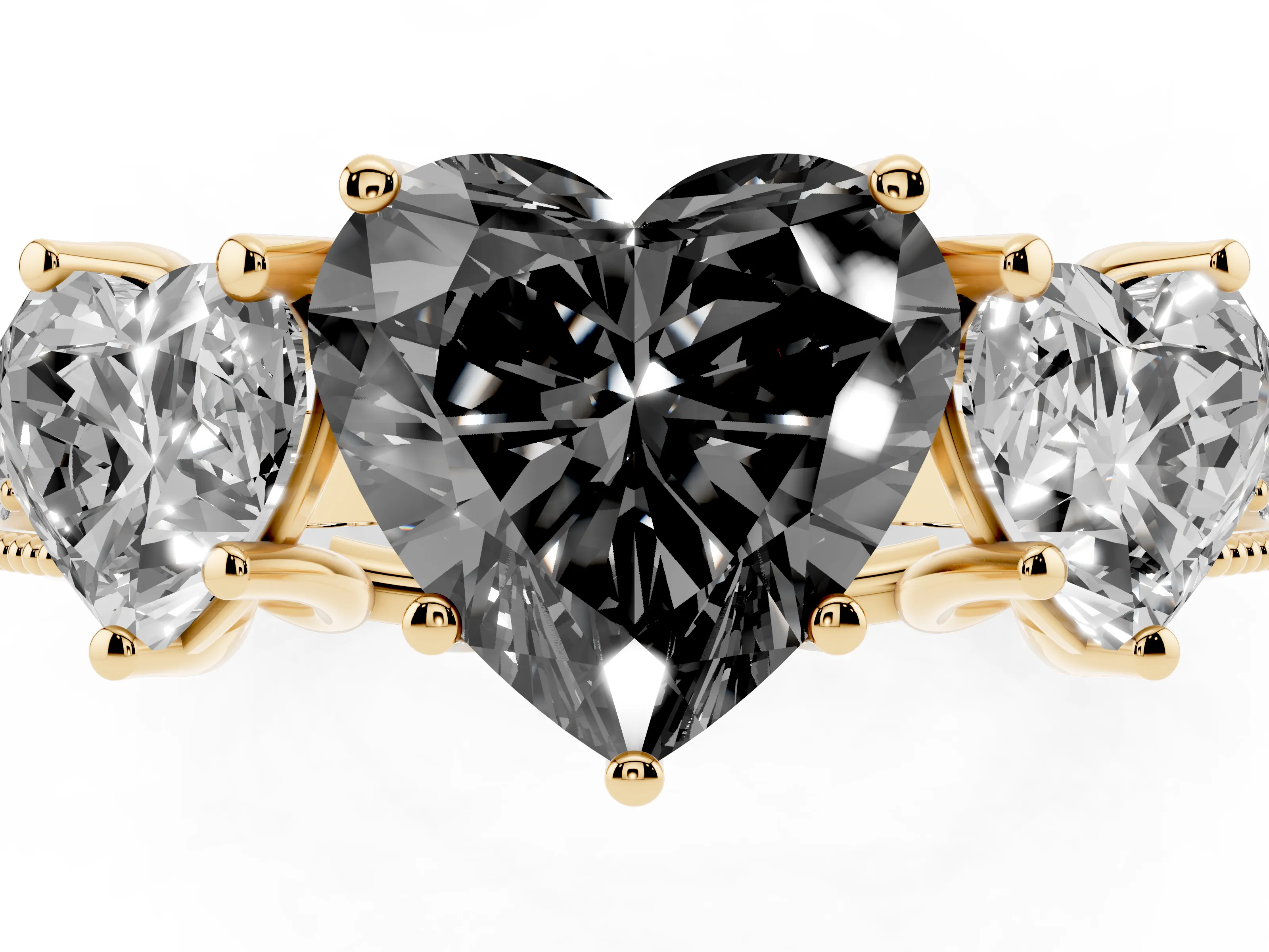 Fancy Black Heart Cut Diamond Three-Stone Engagement Ring Set in Yellow gold with Milgrain Pavé Band