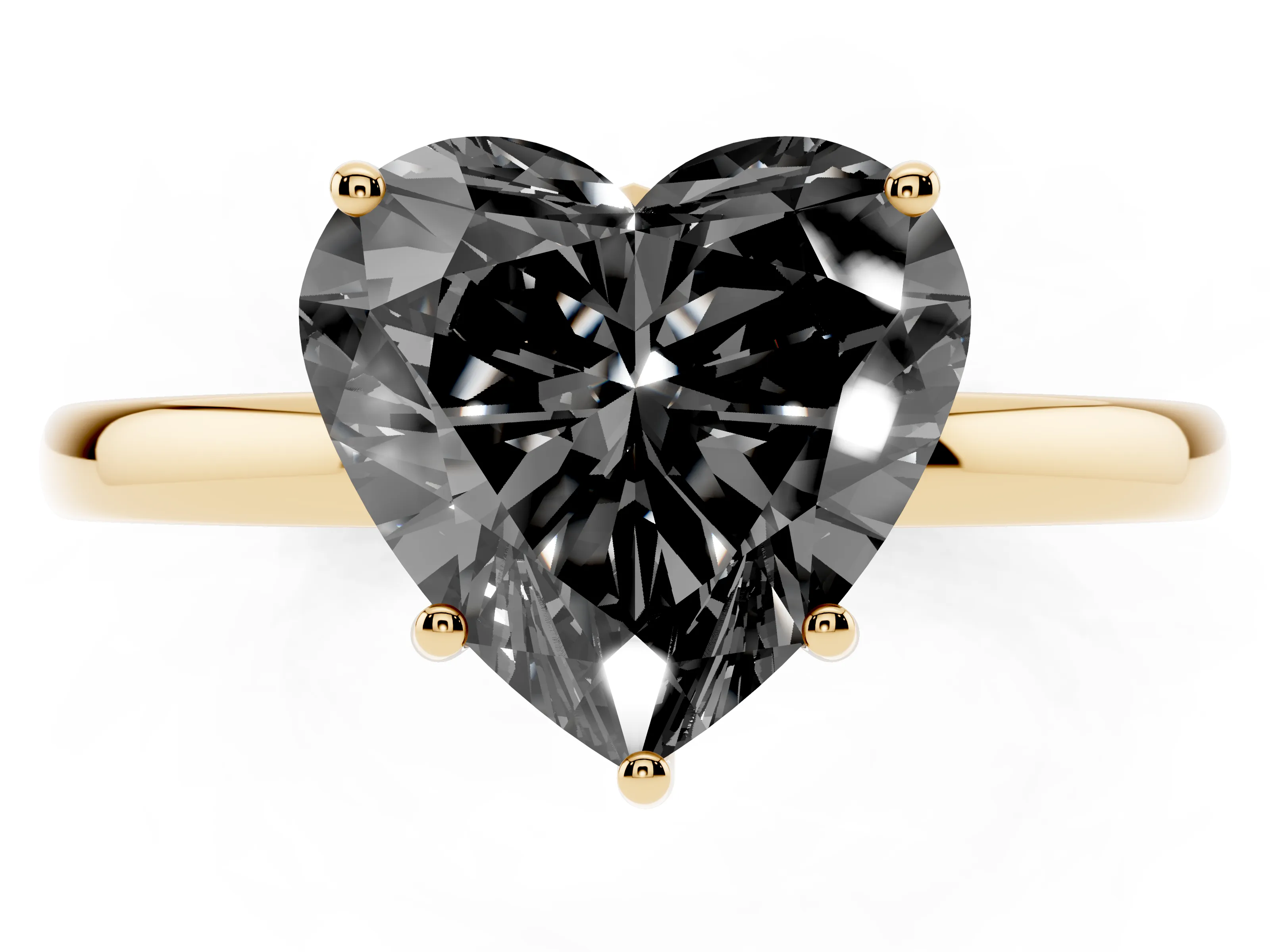 Fancy Black Heart Cut Diamond Solitaire Ring Set in Yellow gold with Plain Band and Prong Setting