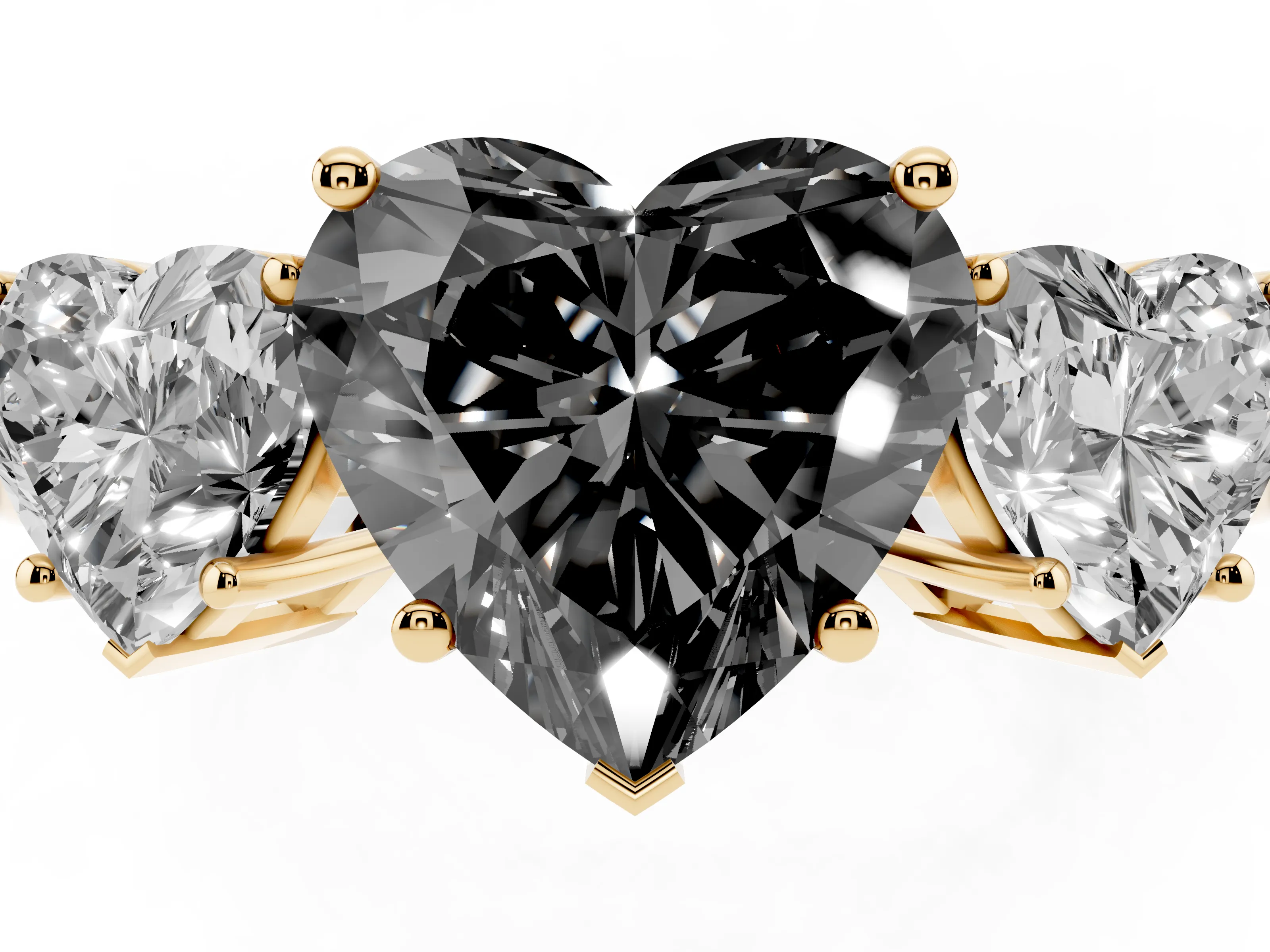 Fancy Black Heart Cut Diamond Three-Stone Engagement Ring Set in Yellow gold with Flat Band