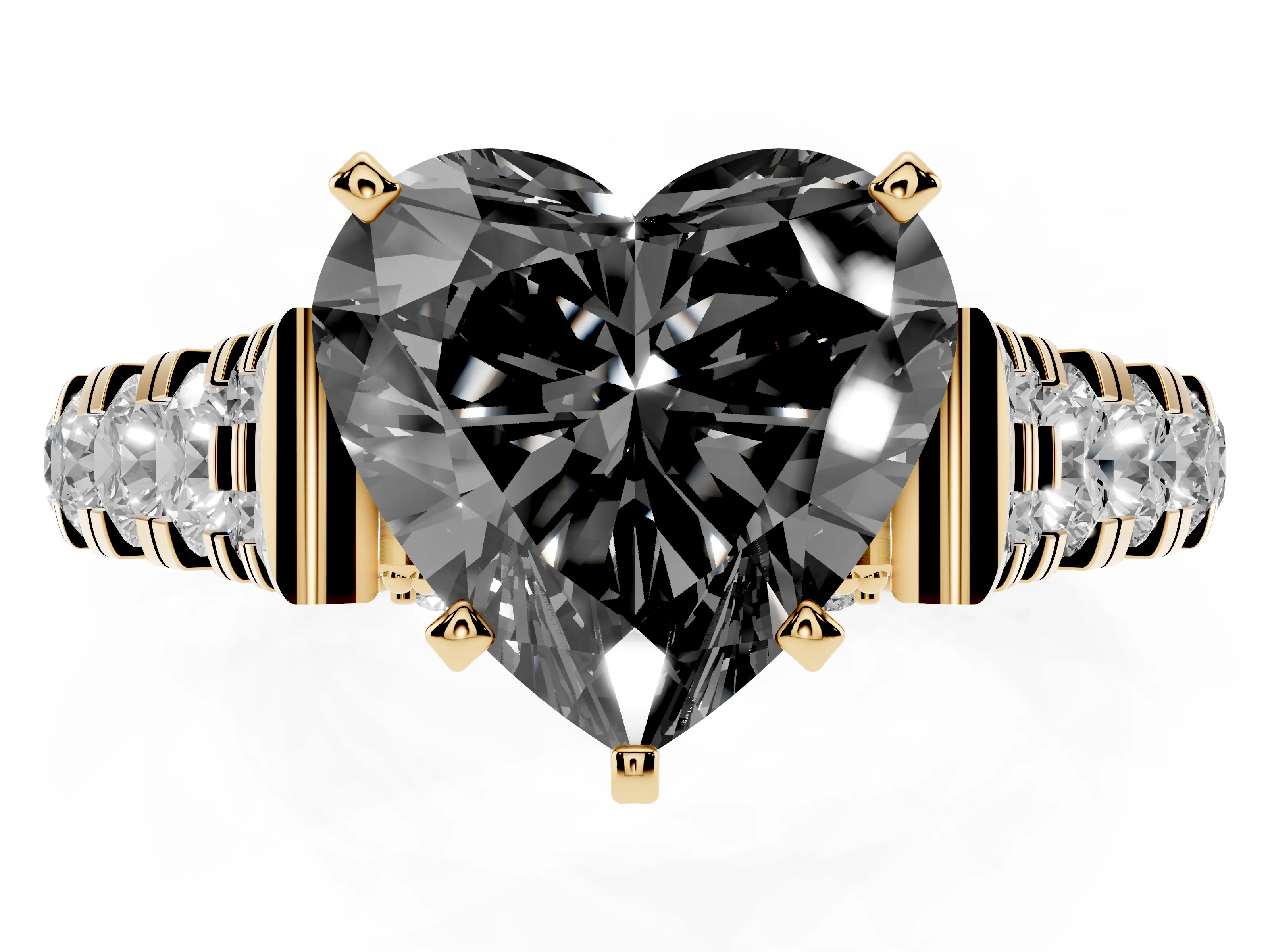 Fancy Black Heart Cut Diamond Classic Solitaire Ring Set in Yellow gold with Pavé Band and Prong Setting