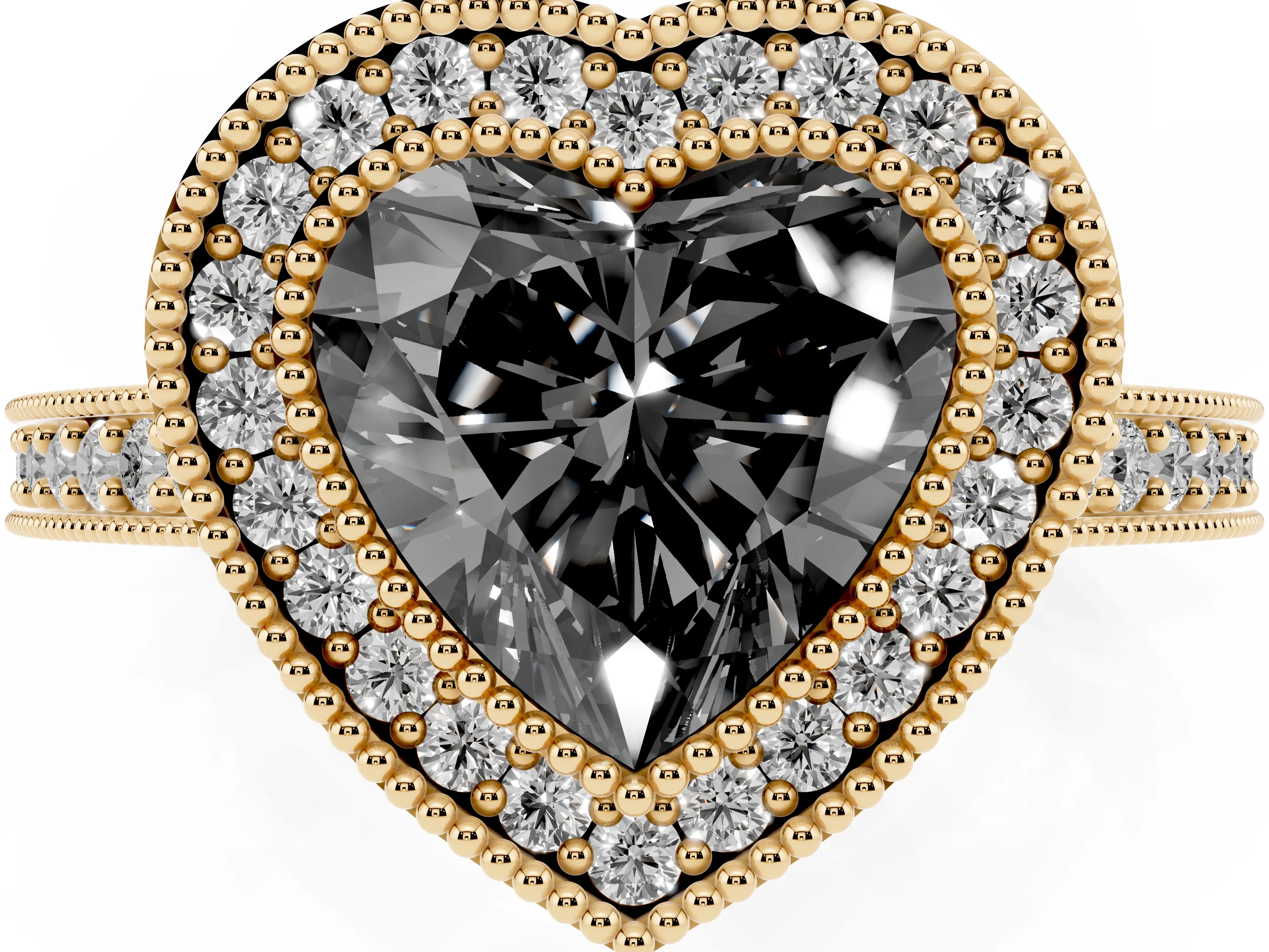Fancy Black Heart Cut Diamond Halo Engagement Ring Set in Yellow gold with Pavé Band and Round Halo Stones