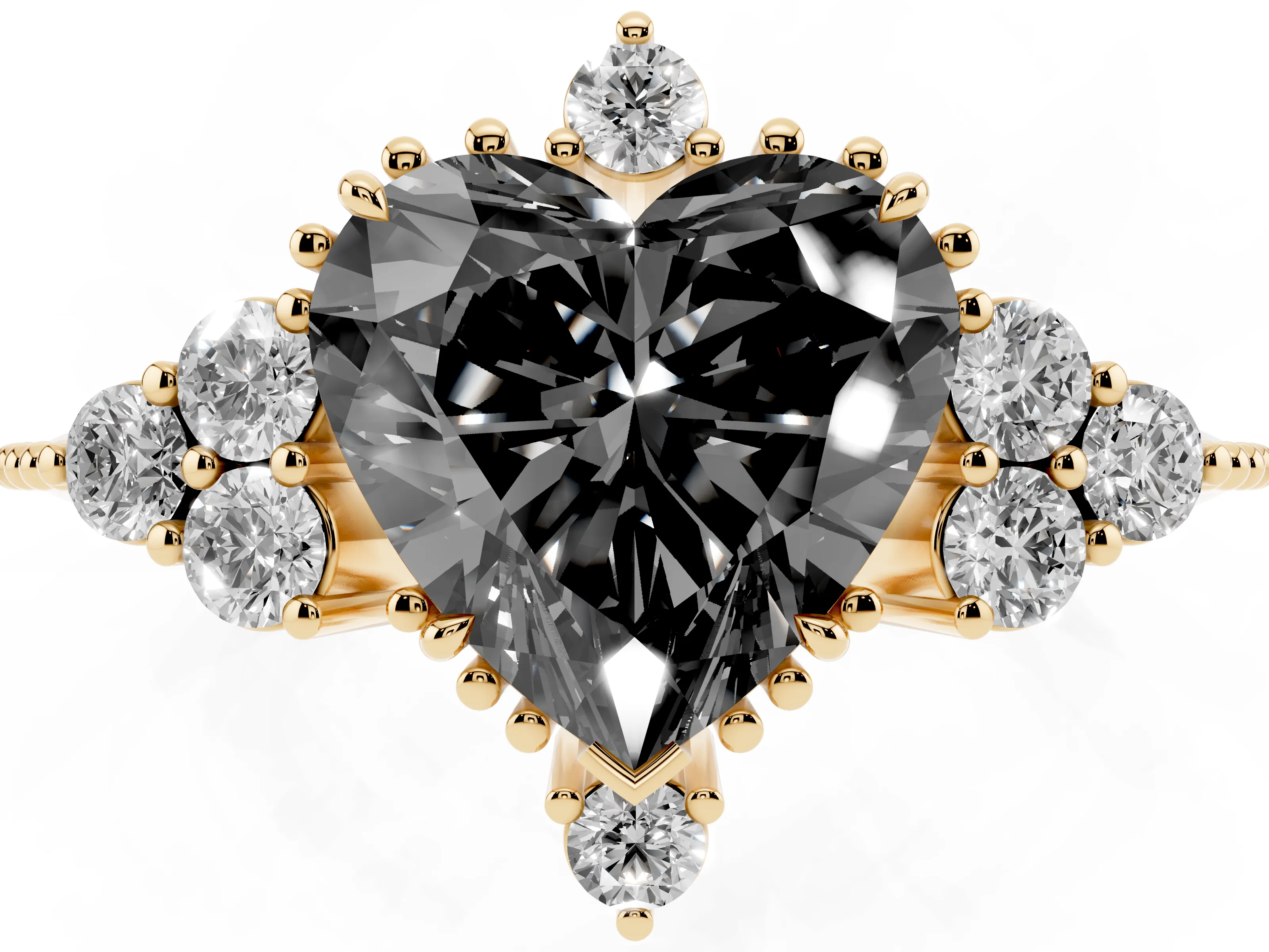 Fancy Black Heart Cut Diamond Cluster Ring Set in Yellow gold with Beaded Band