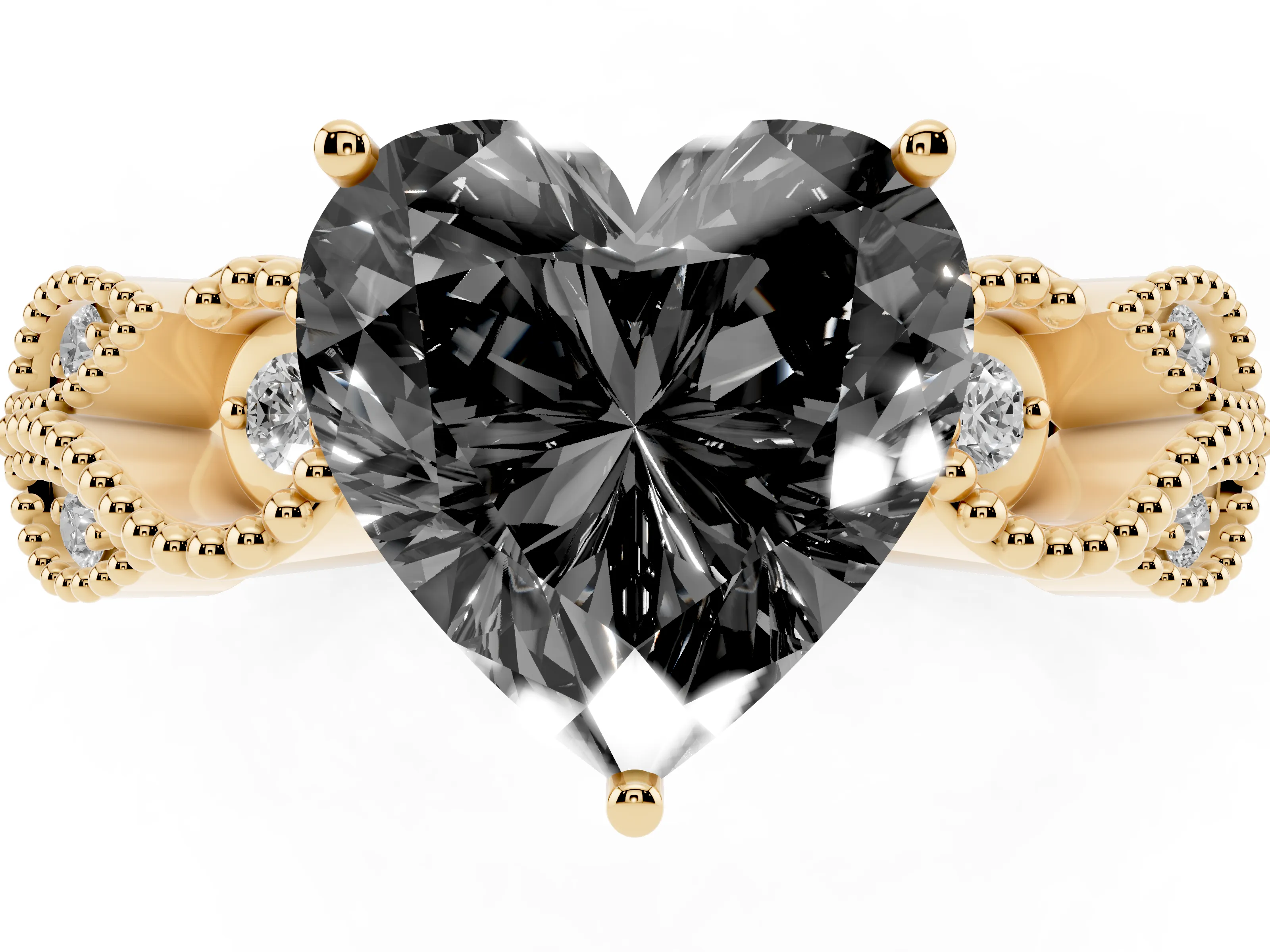 Fancy Black Heart Cut Diamond Milgrain Leaf Band Solitaire Ring Set in Yellow gold with Accent Stones and Prong Setting