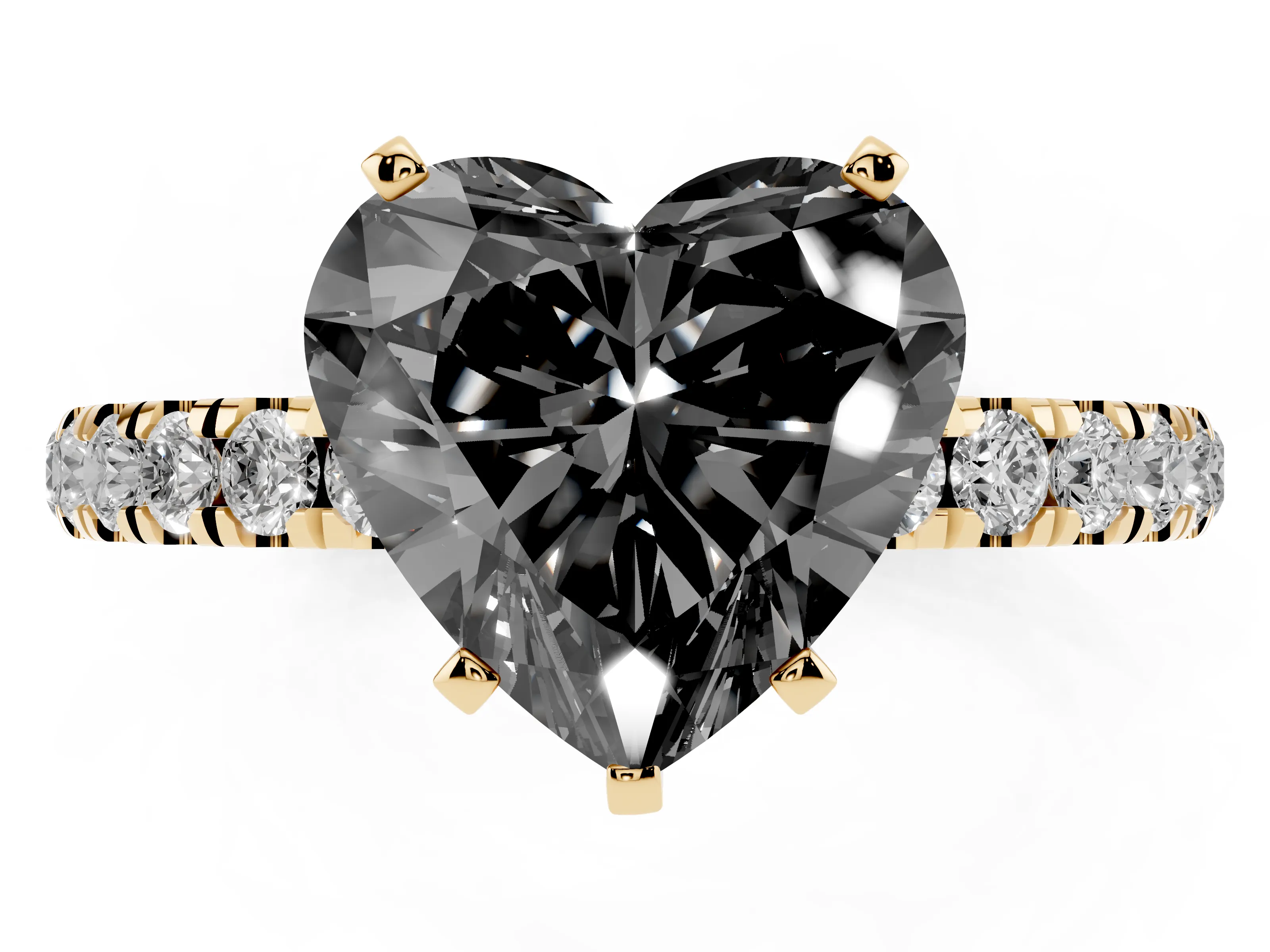 Fancy Black Heart Cut Diamond Solitaire Ring Set in Yellow gold with Pavé Accents and Prong Setting