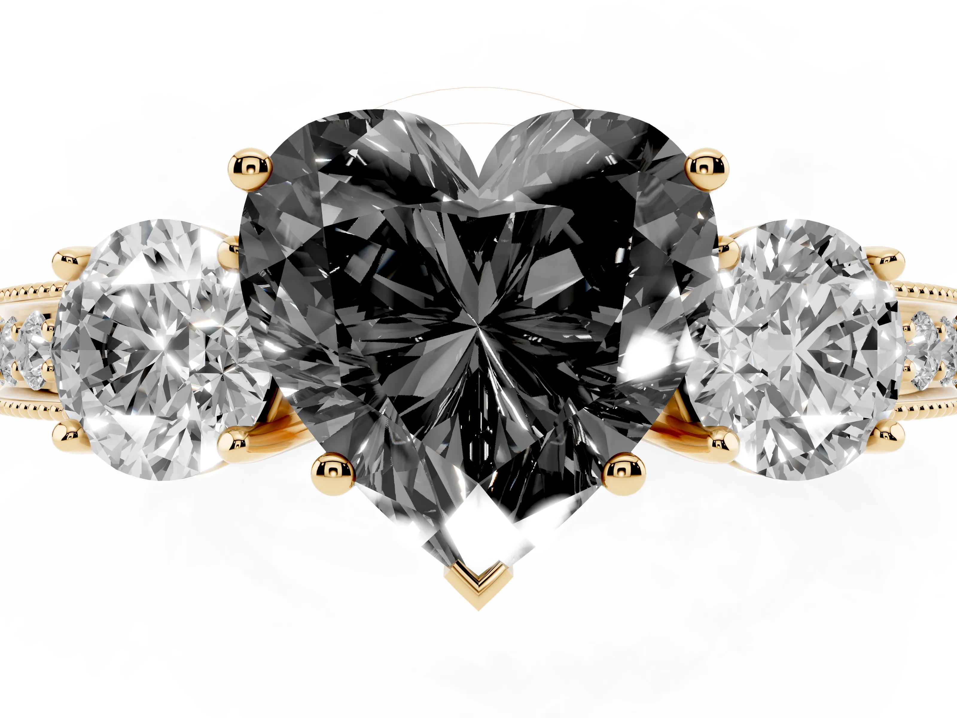 Fancy Black Heart Cut Diamond Three-Stone Ring Set in Yellow gold with Round Side Stones and Pavé Band