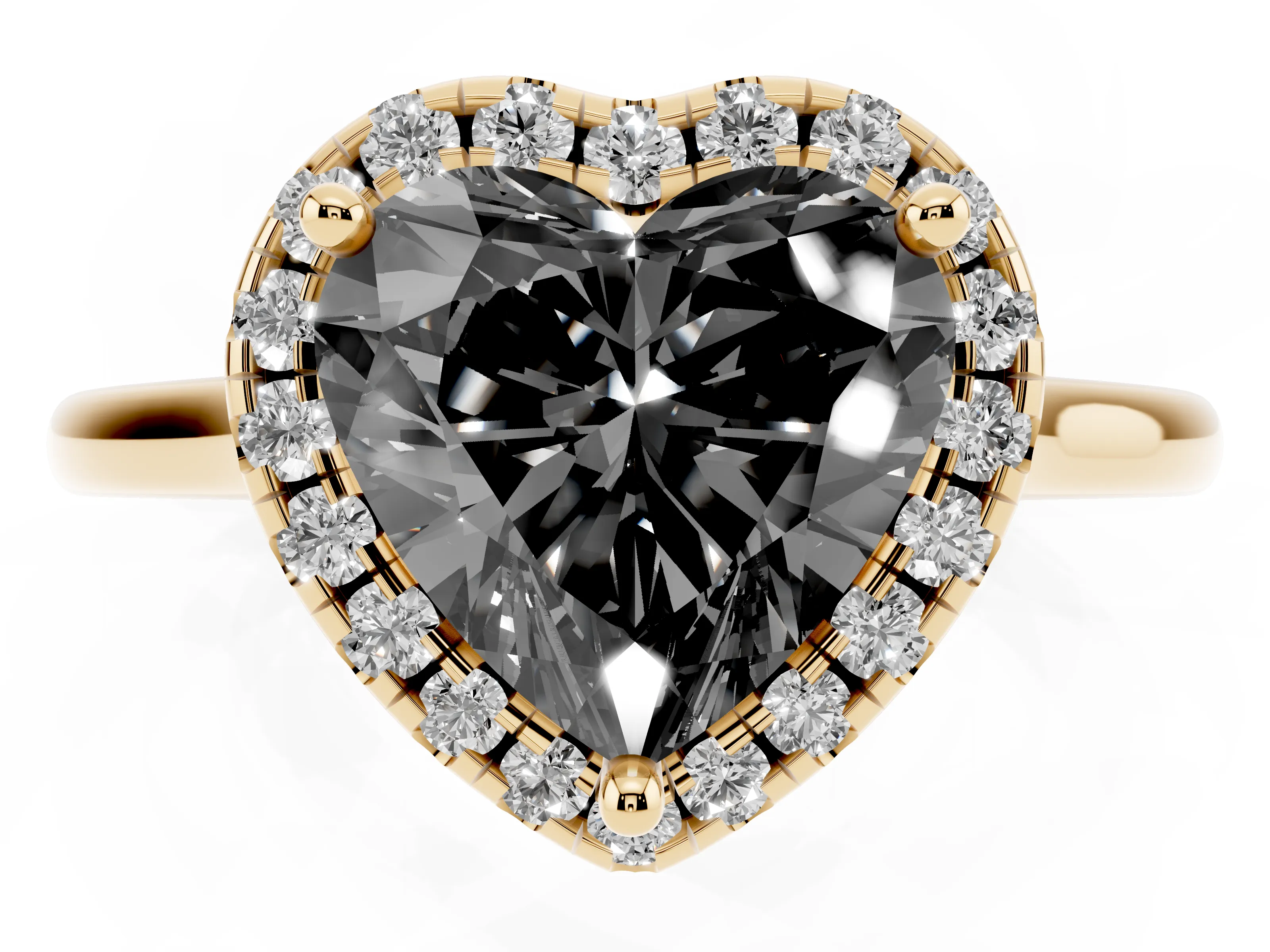 Fancy Black Heart Cut Diamond Halo Engagement Ring Set in Yellow gold with Pavé Band and Rising Shoulders