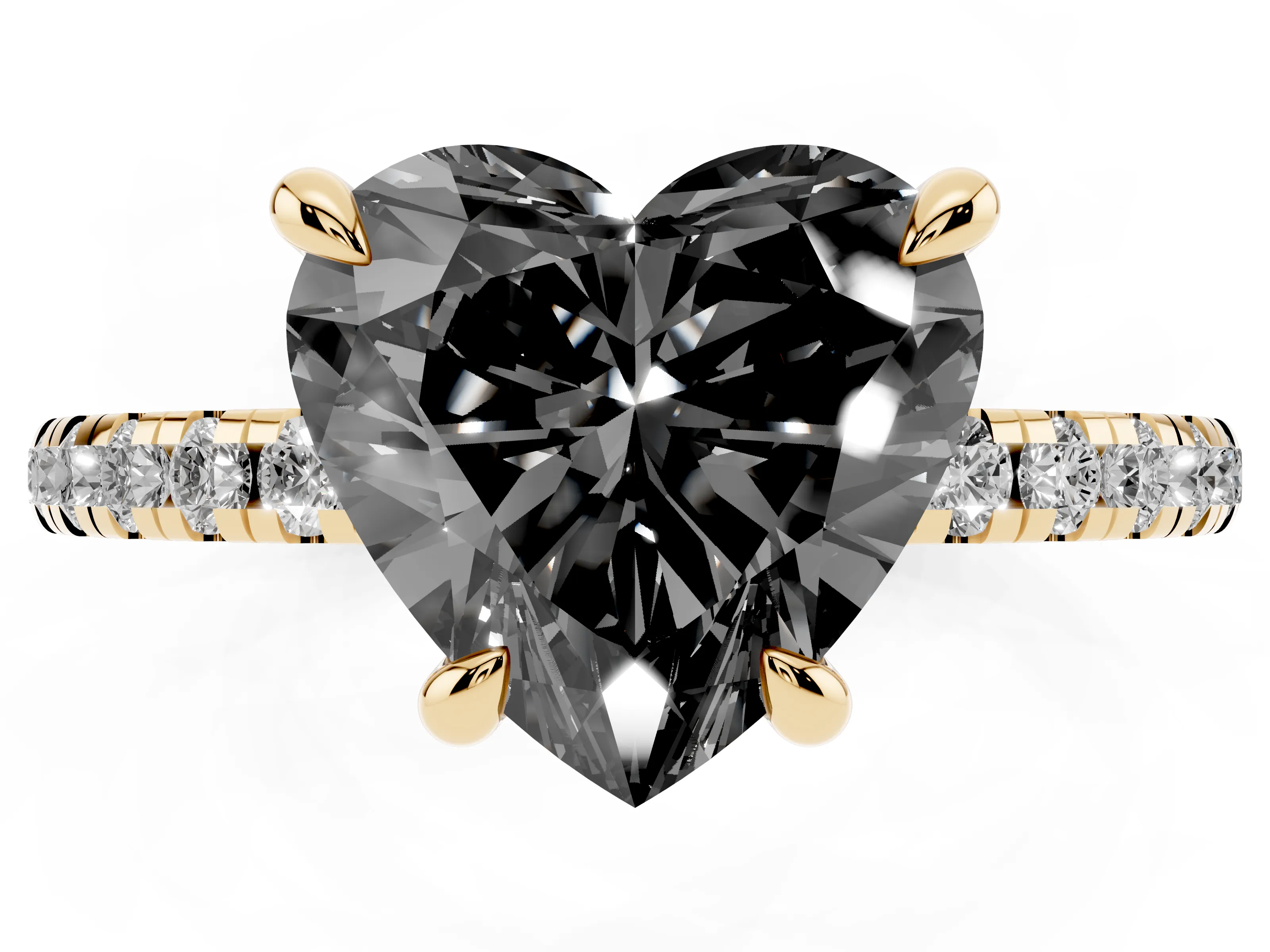 Fancy Black Heart Cut Diamond Brilliant Solitaire Ring Set in Yellow gold with Pavé Band and Prong Setting