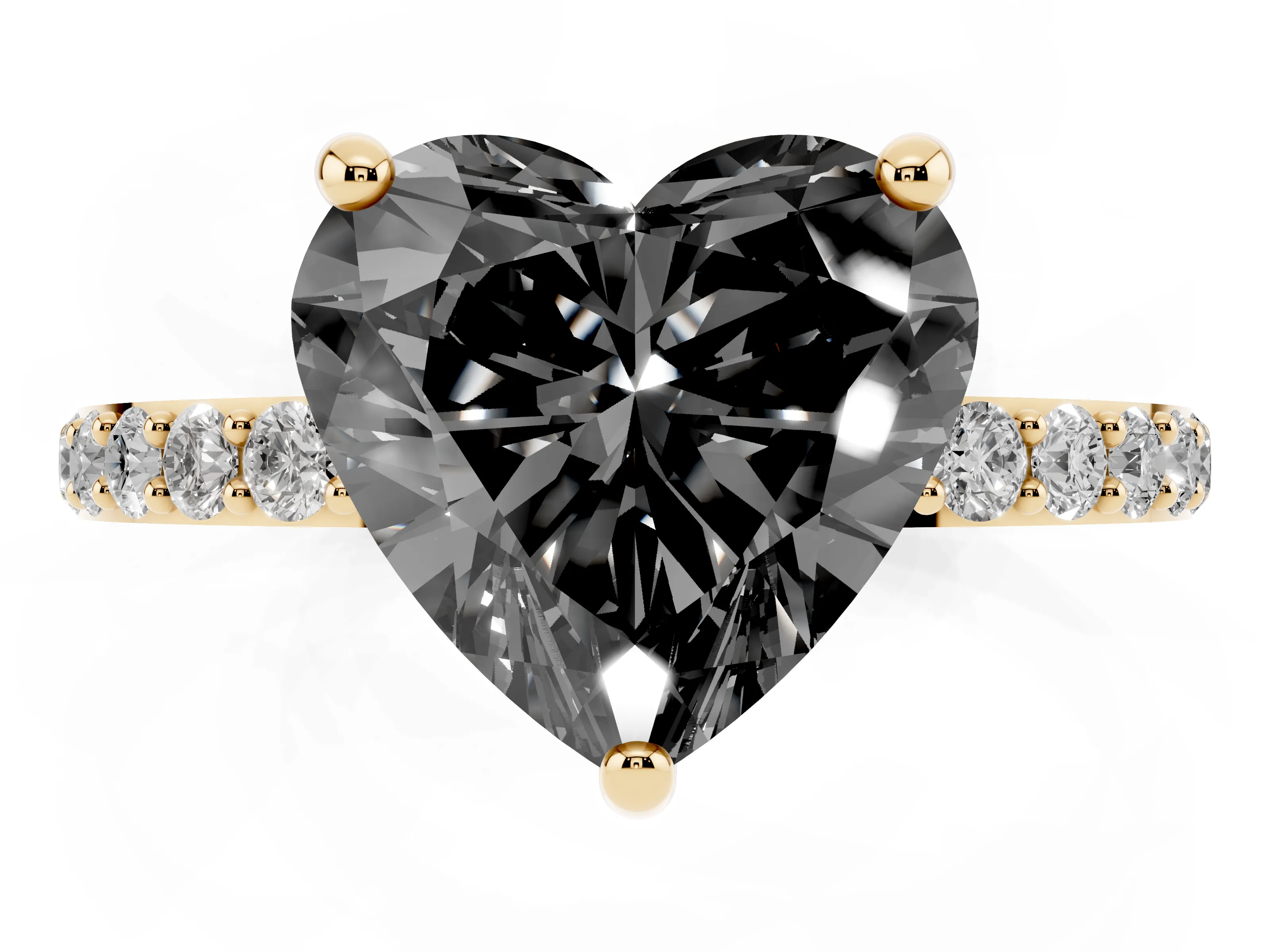 Fancy Black Heart Cut Diamond Solitaire Ring Set in Yellow gold with Round Pavé Band and Prong Setting