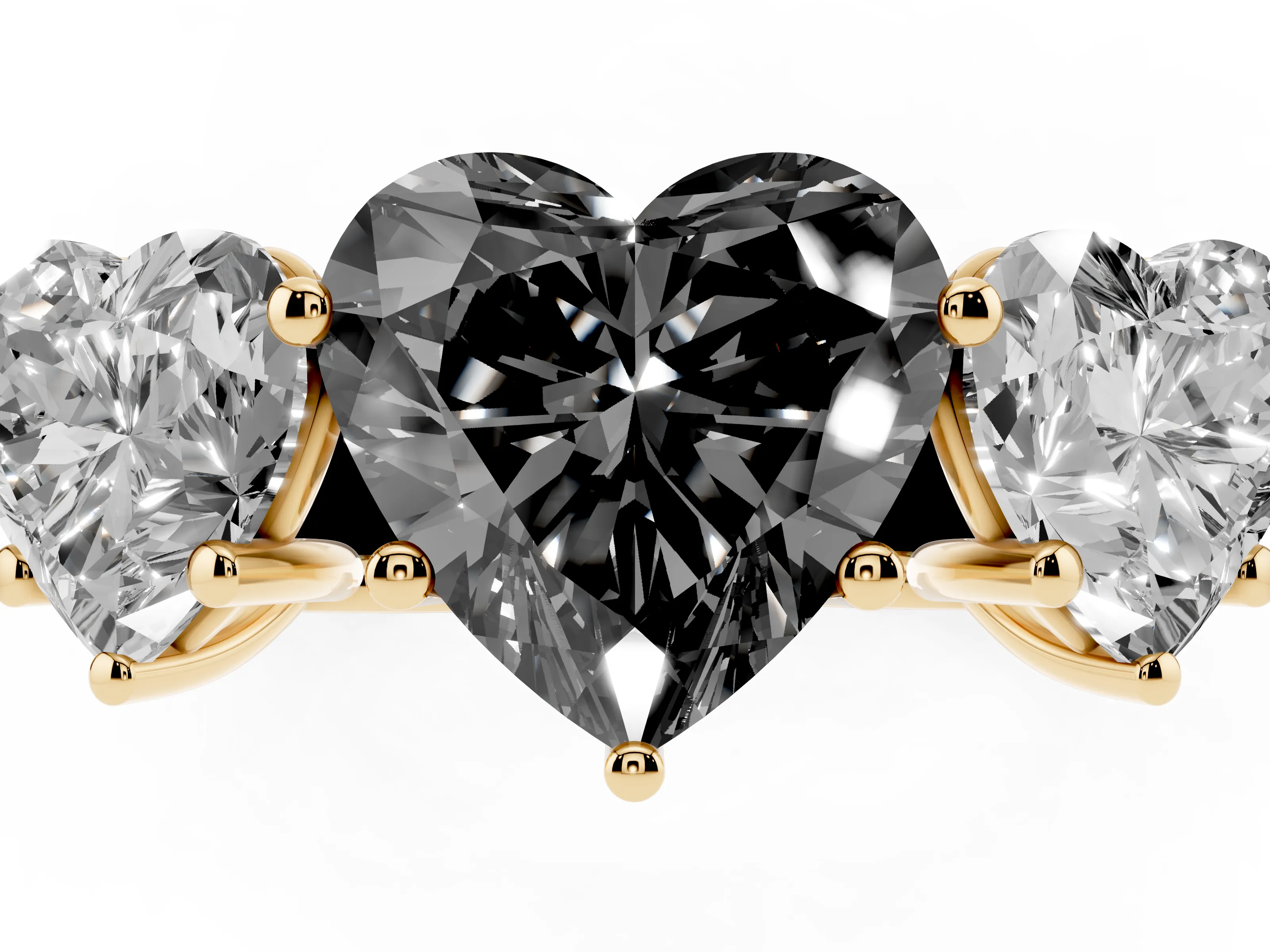 Fancy Black Heart Cut Diamond Three-Stone Ring Set in Yellow gold with Plain Polished Band