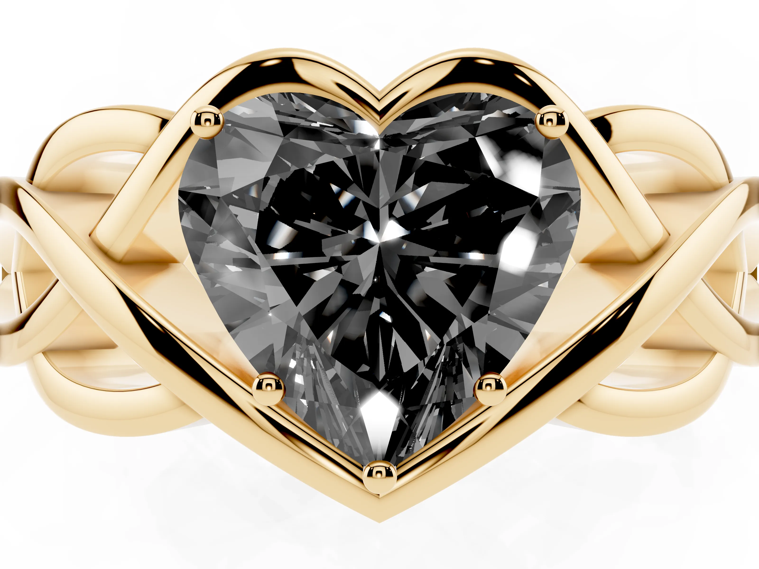 Fancy Black Heart Cut Diamond Solitaire Ring Set in Yellow gold with Intertwined Band